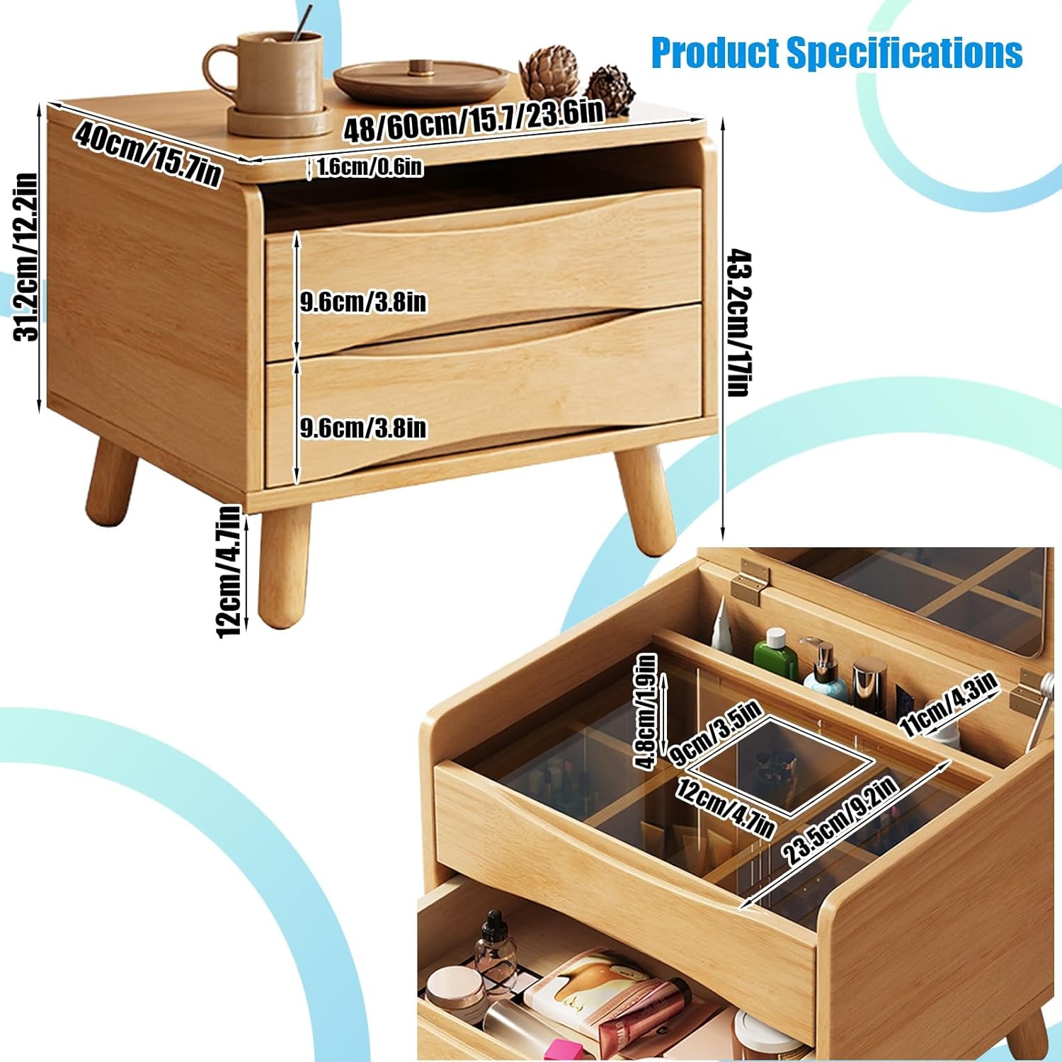 Solid Wood Vanity Desk with Flip Top Mirror and Lights, Dressing Table, Compact Vanity with Glass Top and 2 Drawers, Make Up Vanity with 3 Lighting Modes(Walnut Color,48x40x43cm)