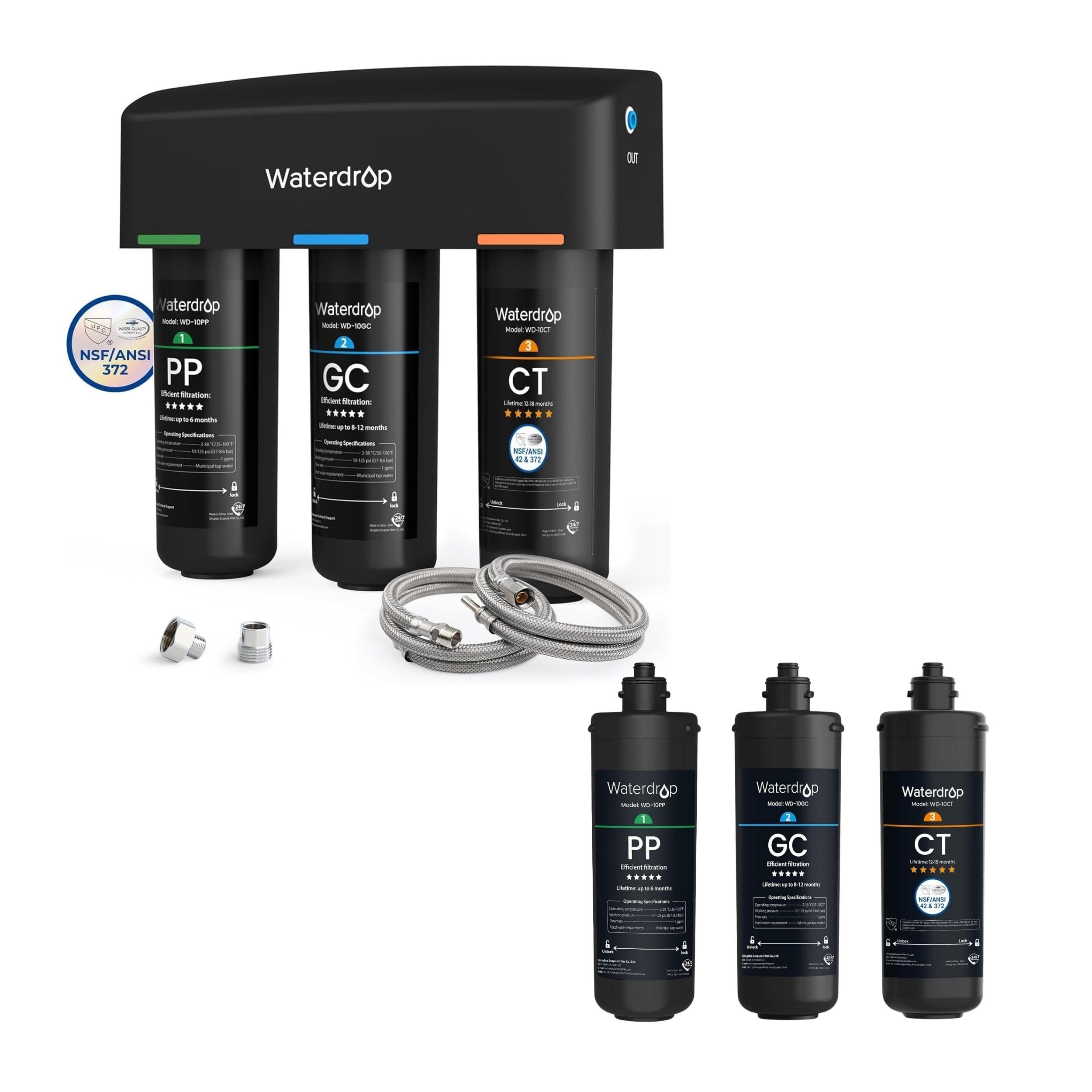 Waterdrop TSA Filtro Acqua Sistema, 3 Stadi Depuratore Acqua Domestico per Sotto Bancone (Con 3 Cartucce Filtranti Aggiuntive)