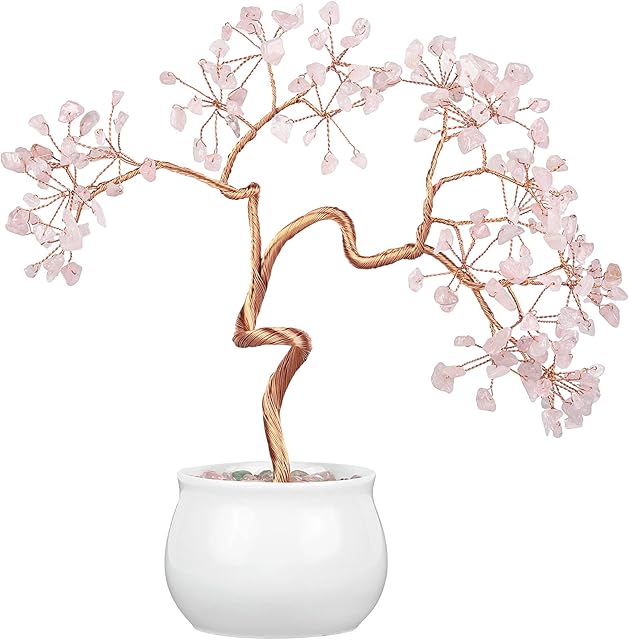 Nupuyai Rose Quartz Crystal Money Tree with Ceramic Base, Good Luck Healing Stone Feng Shui Bonsai Gem Tree Spiritual Ornament for Home Office Decor, 20-24cm