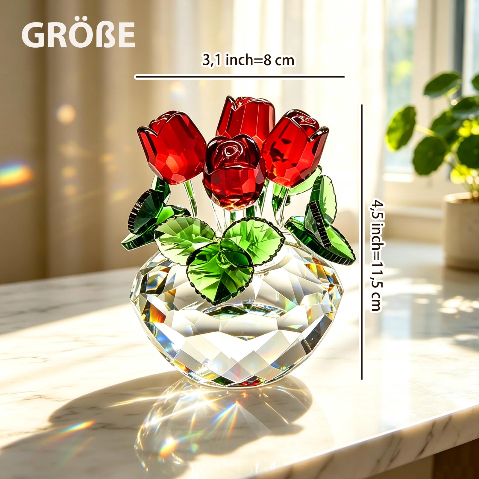 Elegante Rose Kristallrose Figur, Handgefertigte Glasrose Blumenskulptur mit Geschenkbox, Rosen Geschenke für Mama Frauen Valentinstag Hochzeit Home Tischdekoration