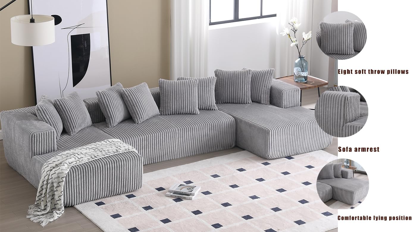 Transform Your Space with 131'' U-Shaped Modular Sectional Couch, Versatile Chaise Lounge, Striped Fabric, 4-Seater for Living Room or Bedroom, Grey