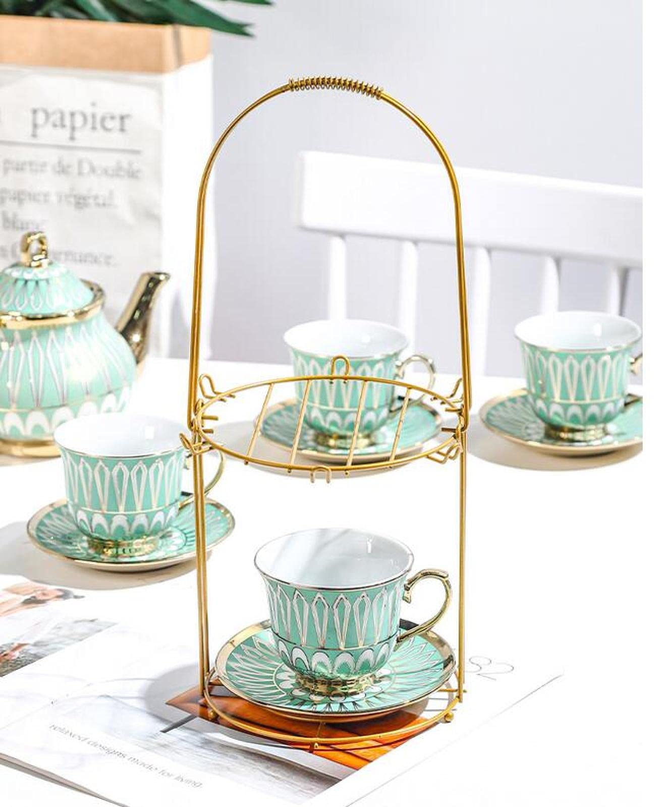 Brytyjski porcelanowy zestaw do herbaty z filiżankami i spodkami, ceramiczny zestaw czajniczek z uchwytem na kubki, elegancki serwis do herbaty dla dorosłych, popołudniowa herbata, kawa, idealny na