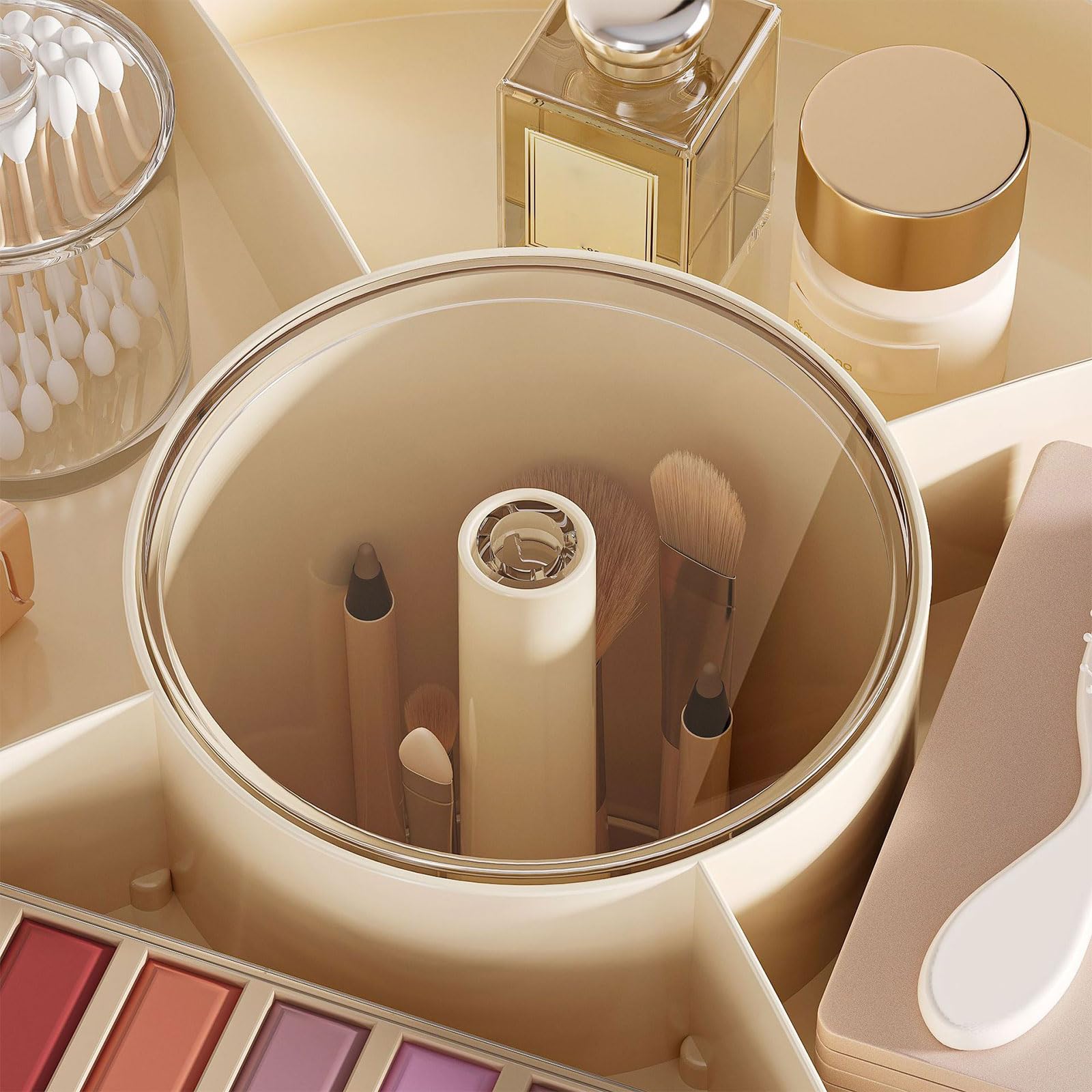Stilvolles Turn Kosmetikregal mit 3 Fächern, Schreibtischaufbewahrung für Make up Pinsel, Düfte, Schminktisch, Planer