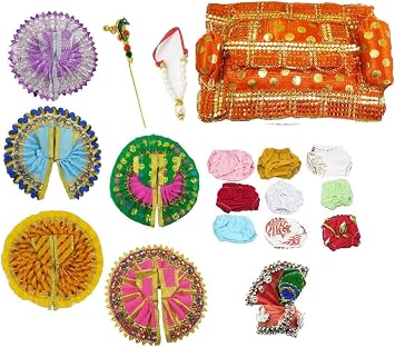 Size 1 Laddu Gopal Shringar Combo Set, 8 Piece Traditional Indian Temple Jewelry, Multicolor, Size 1 No, Mukut Mala Bansuri Chhadi Kundal Karula Pagdi Specs