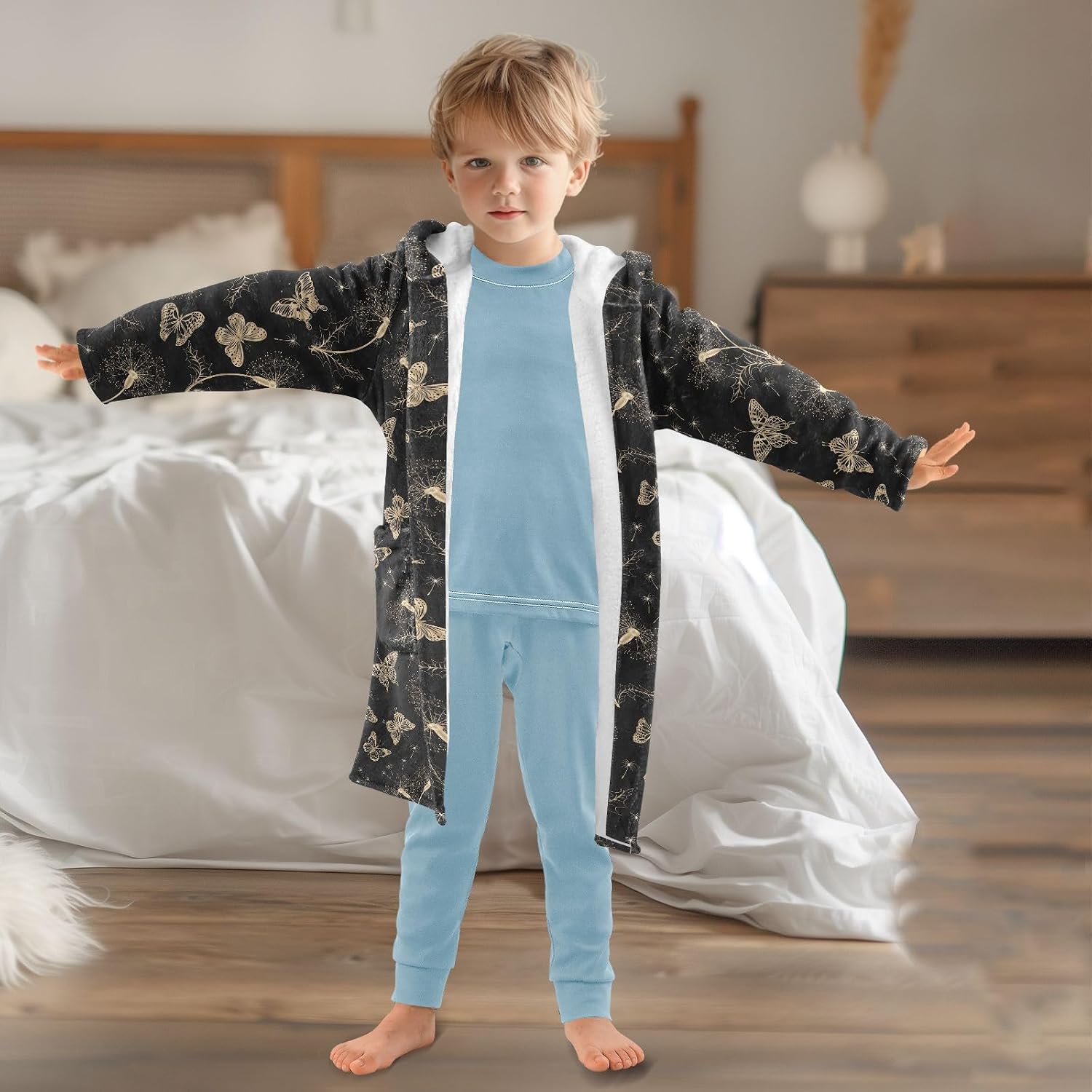 senya Beautiful Butterfly Black Toddler Hooded Bathrobe Kids Soft Plush Bath Towel Robes for Boys Girls 2-12 Years