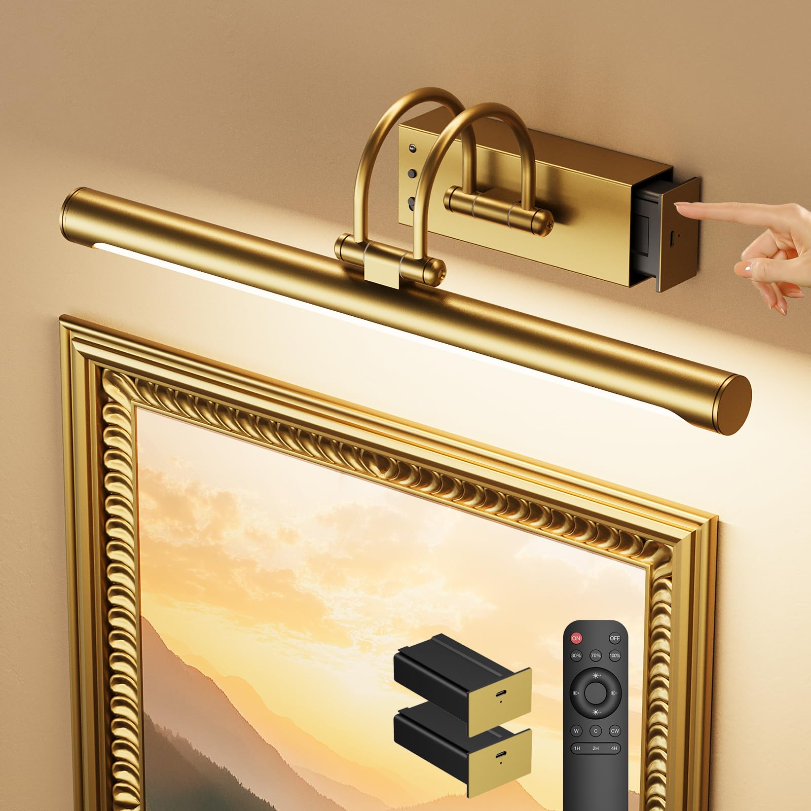 Photo 1 of Battery Operated Picture Light with Remote, 15.7? Wireless Wall Light for Artwork & Frames, Rechargeable LED Gallery Lamp, Dimmable with Timer, Adjustable Metal Design, Electroplated Gold Finish