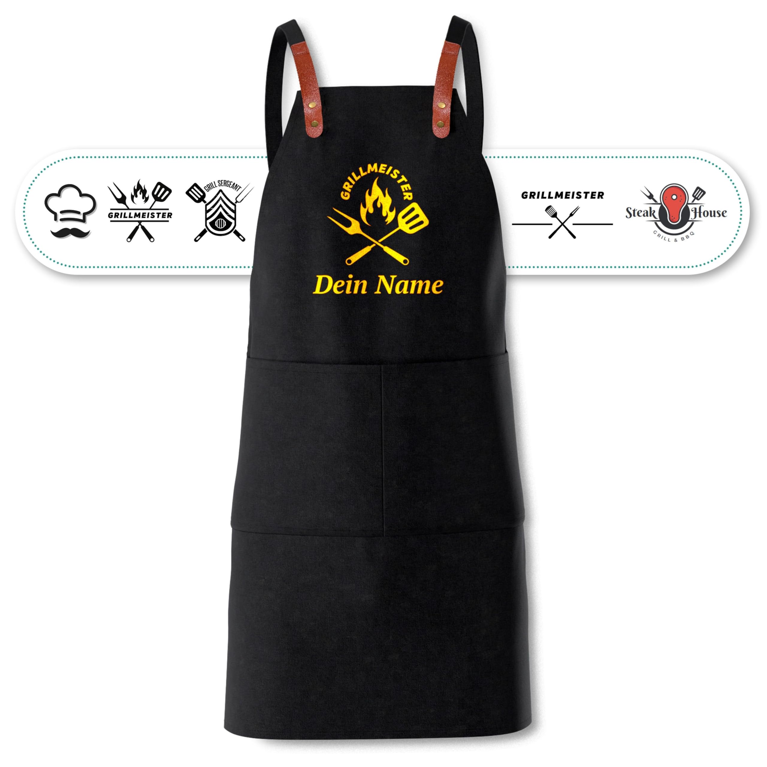 Grillschürze personalisiert mit Motiv & Wunschtext bestickt - Individuell personalisierte Kochschürze aus hochwertiger Baumwolle als besonderes Geschenk