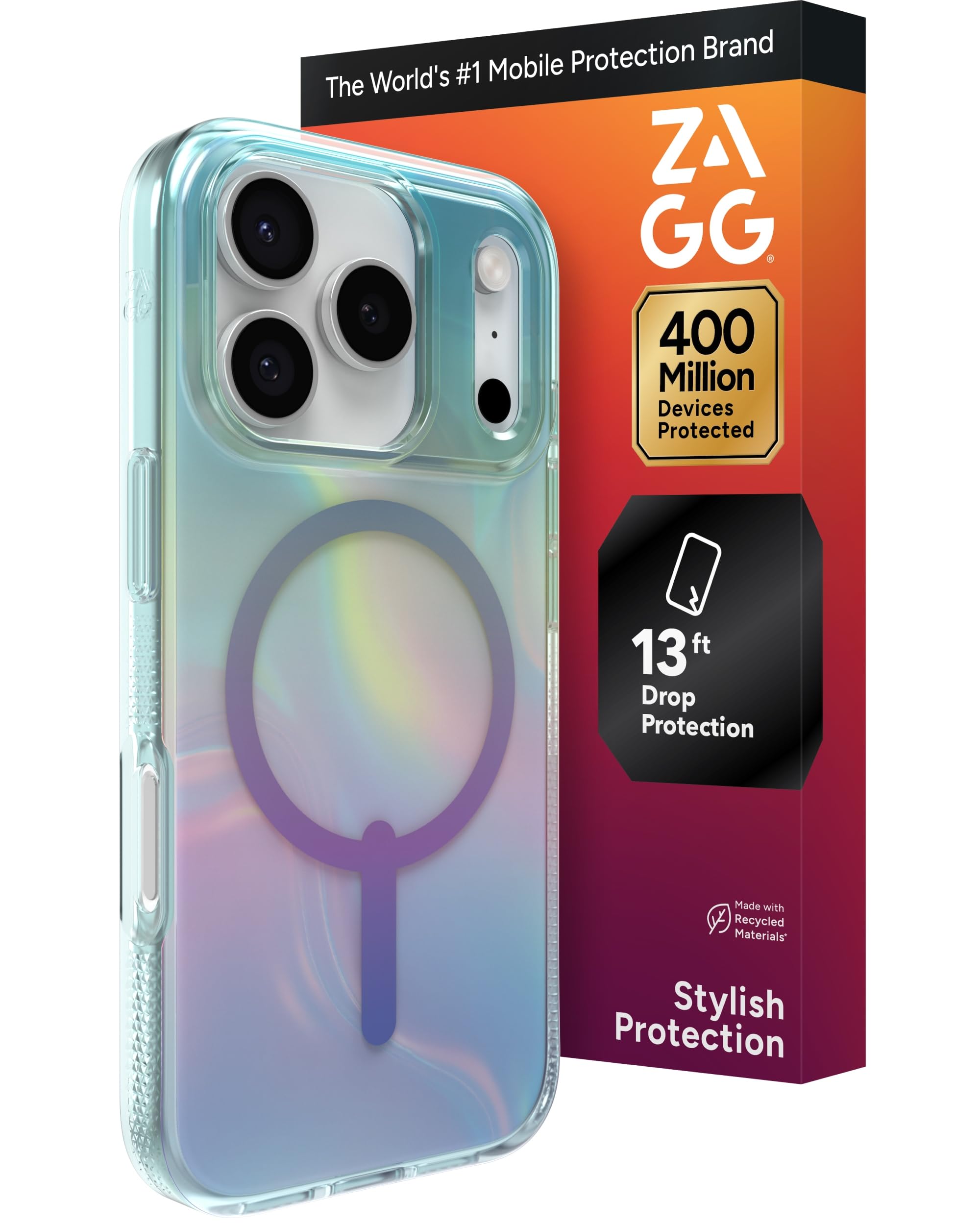 ZAGG Milan Snap Case for iPhone 17 Pro - Iridescent Bubble, Graphene Strengthened Phone Case with Drop Protection (13ft/4m), Textured Edges & Sparkle