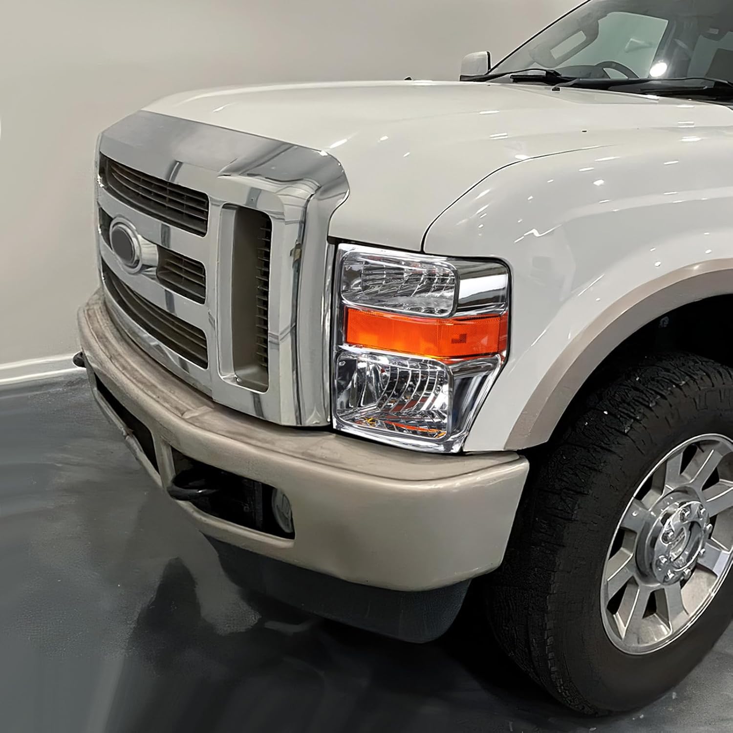 Headlight Assembly Compatible with Ford F250 F350 F450 F550 Super Duty 08-10 Left Right Headlamp Set 7C3Z13008BA 7C3Z13008AA FO2502243 FO2503243 Black Housing Amber Corner CAAP-FSUPER08-OH-CHAM-HL