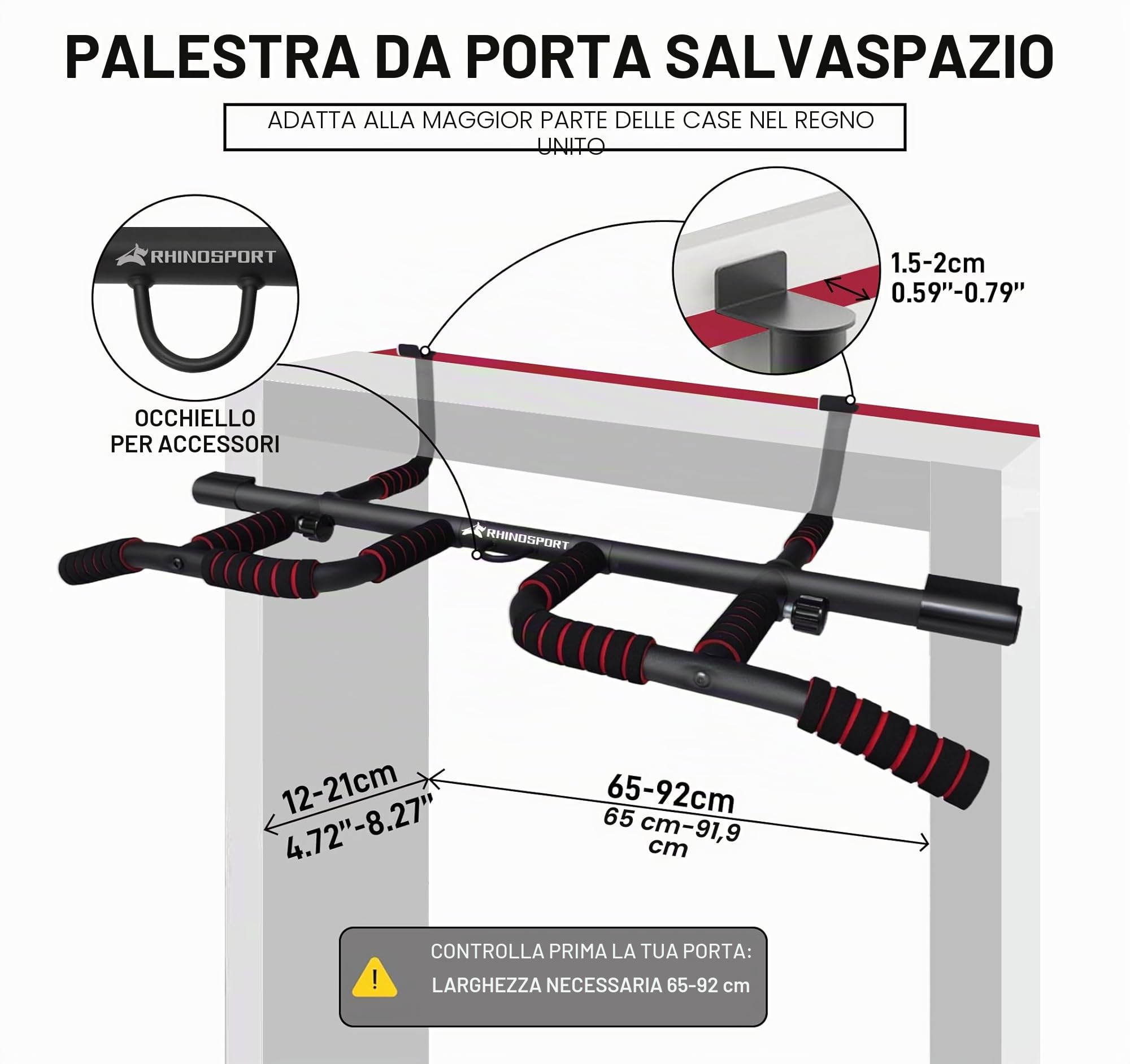 Rhinosport Barra per trazioni Multifunzione Sbarra Trazioni, Barra per Porte, Regolabile da 65 cm a 92 cm senza viti （Extra gratuito maniglie ）