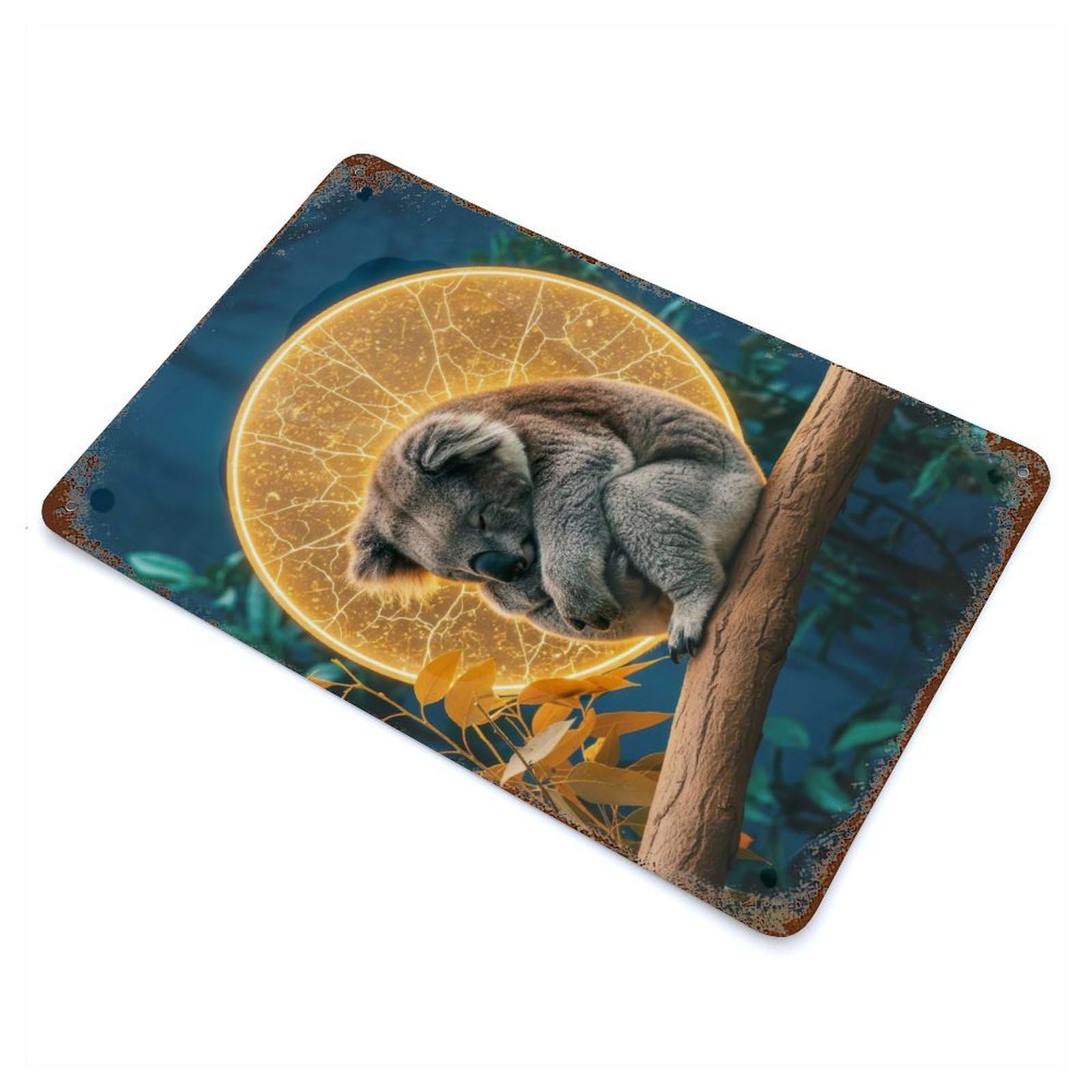 Sleeping Koala with Golden Halo 11.8"x7.9" Rustic Tin Plaque, Farmhouse Wall Decor for Basement, Hobby Room And Garage Decor