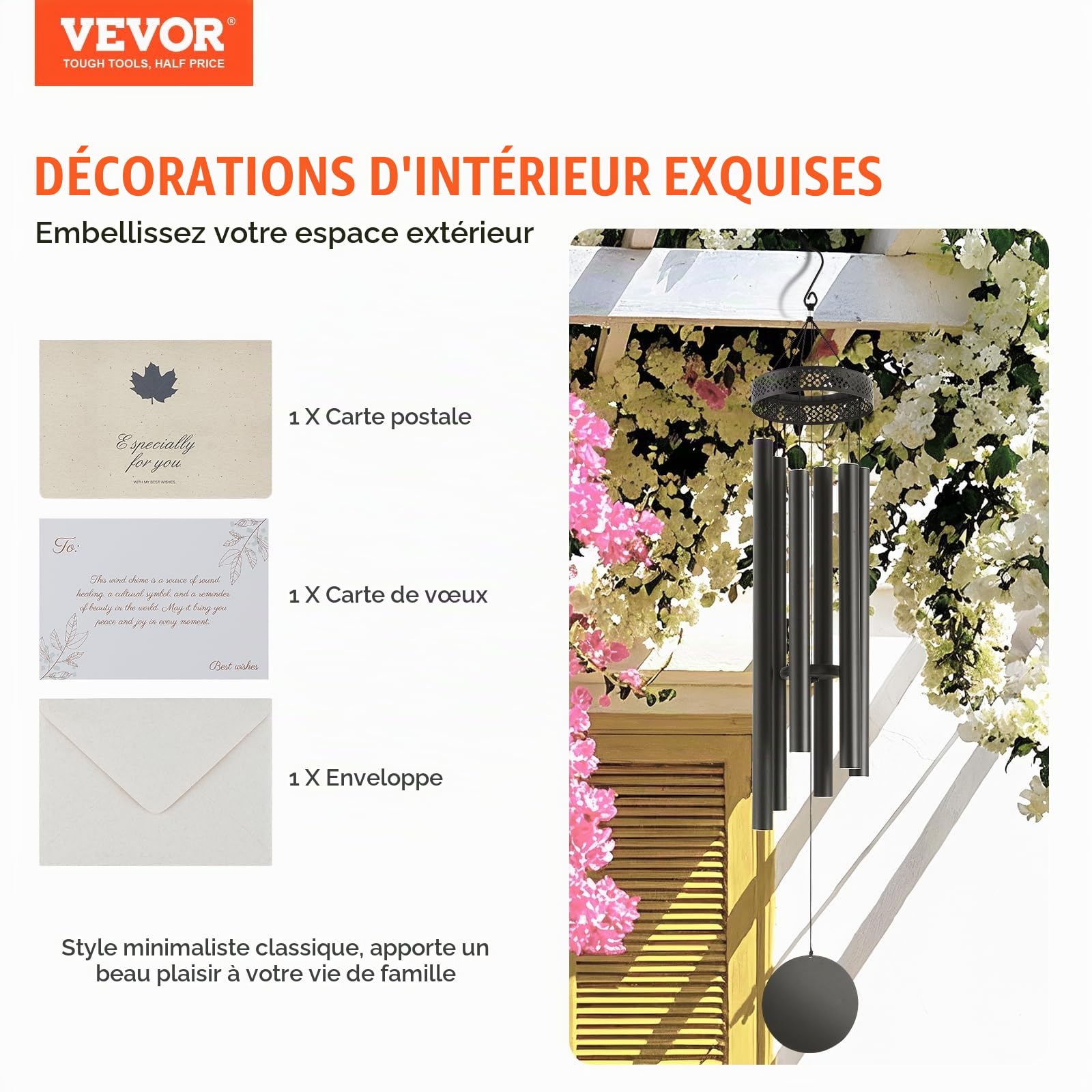 VEVOR Carillon à Vent extérieur, 1473 mm, Carillon éolien au Ton Profond avec 6 Tubes, Grande Cloche à Vent commémoratif Unique pour Anniversaire, pour terrasse, Porche, Jardin et arrière-Cour, Noir
