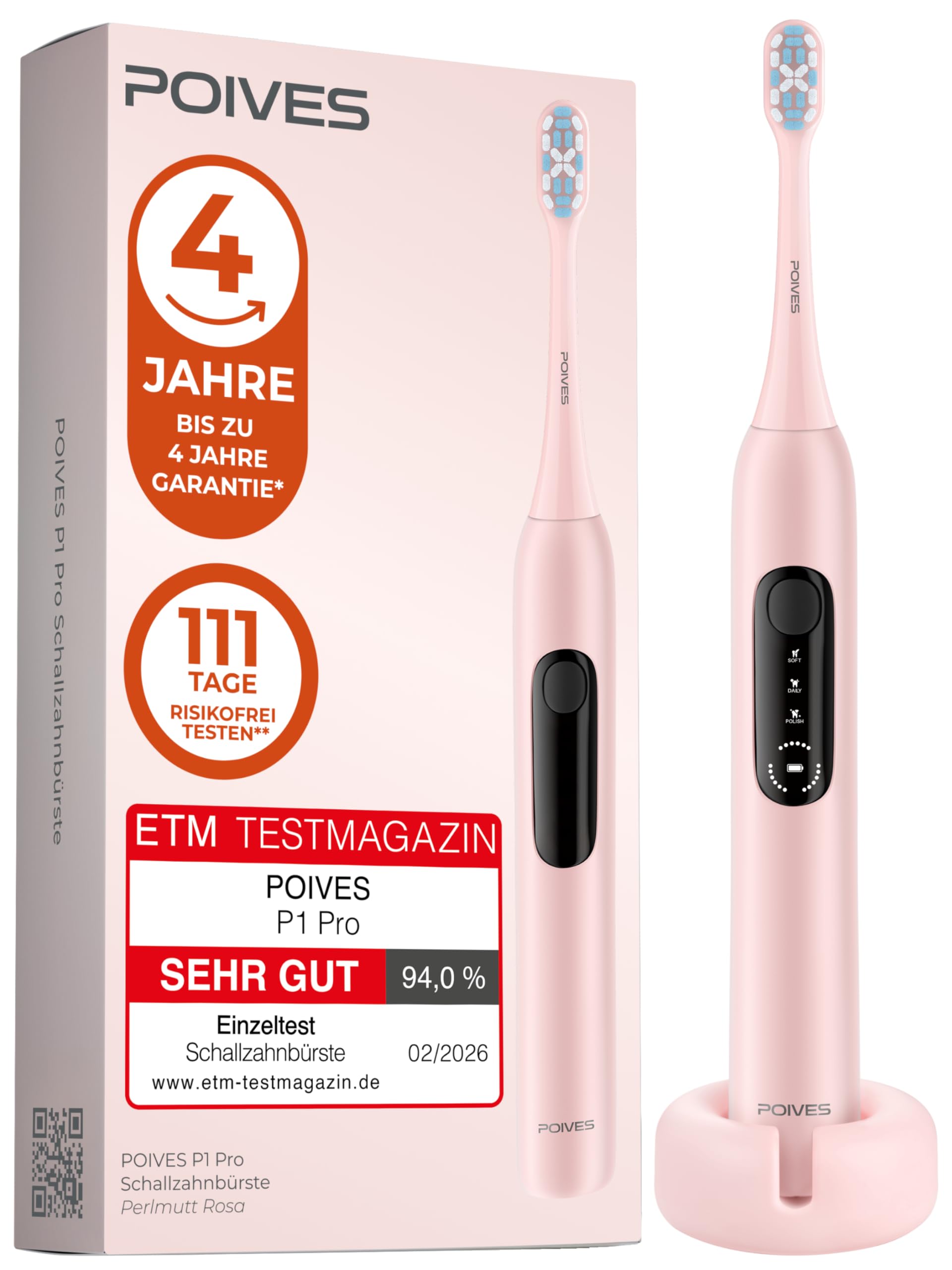 Schallzahnbürste Testsieger 2026* POIVES P1 Pro - Bestnote SEHR GUT**, 4 Jahre Garantie & 111 Tage Risikofrei testen***, Drucksensor schützt Zähne, Ultraschall Elektrische Zahnbürste, Perlmutt Rosa