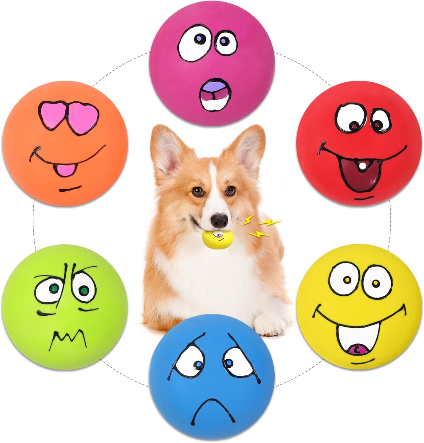 6-Pack Squeaky Dog Balls – Funny Face Rubber Chew Toys for Small & Medium Dogs, Bouncy Fetch Toys for Interactive Play, Soft & Safe Dog Toy Set
