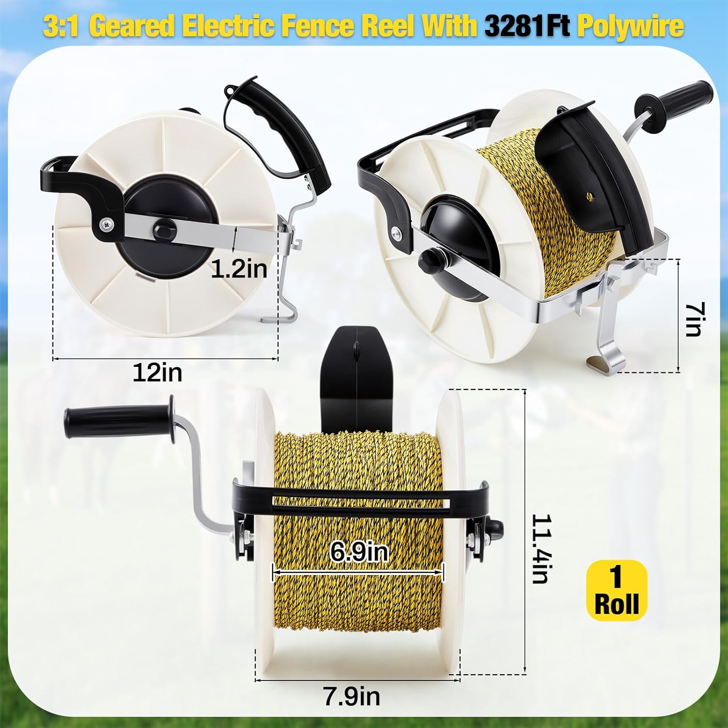 Electric Fence Reel Kit with 3281 ft Polywire, 3:1 Geared Fence Reel with 6 Stainless Steel Conductors, Pre-spooled Electric Wire for Temporary Fencing, Livestock, Rotational Grazing