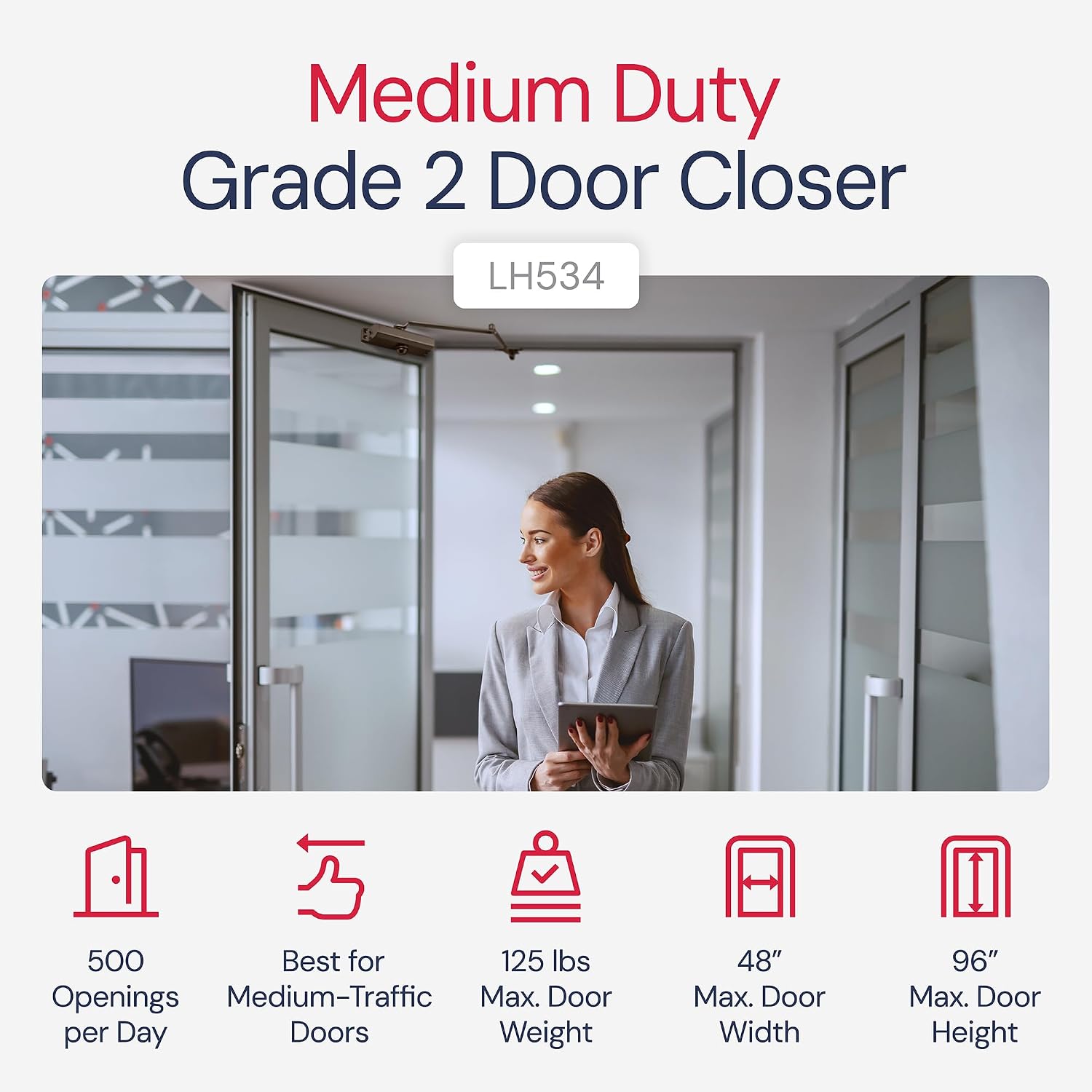 Lawrence Medium Duty Commercial Automatic Door Closer - Surface-Mounted Auto Door Closer for Home, Garage & Light Commercial Door Use - Embassy Series LH534