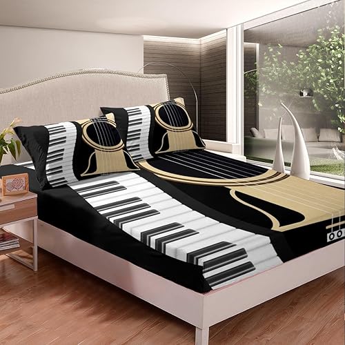 Miniatura 4 de Erosebridal Juego de sábanas tamaño individual de guitarra para niños y niñas, sábanas de teclados de piano, juego de cama con temática musical de