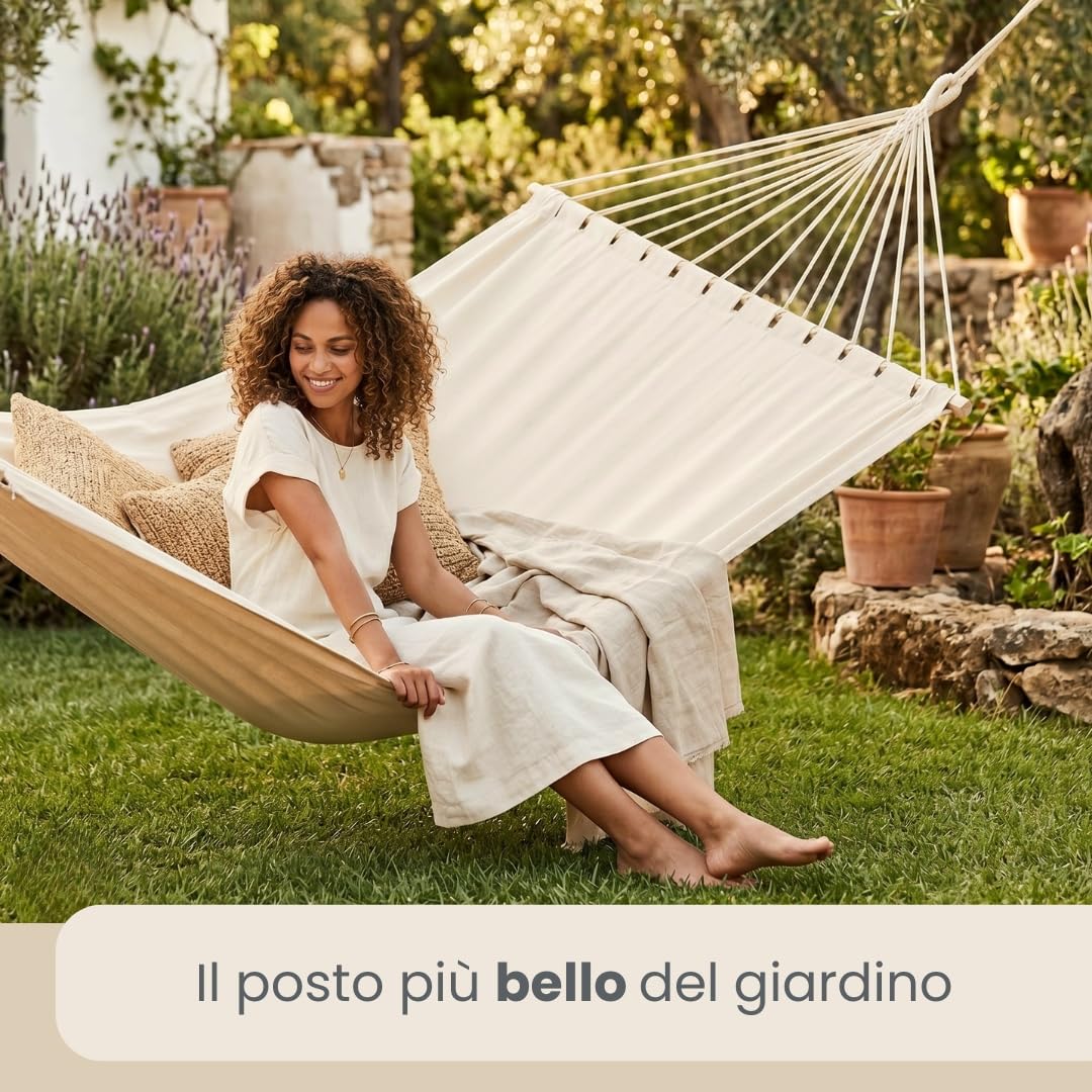 Amaca XXL 200x120 cm Beige Dondolo Doppio 2 Persone 150kg Cotone Robusto Esterno Interno Balcone Giardino