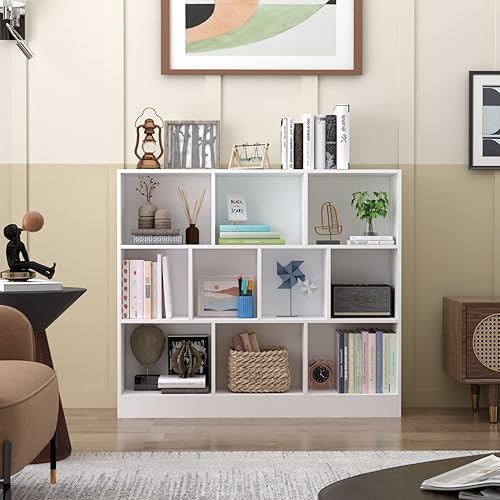 AIEGLE Estantería de 8 cubos, estantería de madera de 3 niveles, estantería infantil para dormitorio, sala de estar, color blanco (39.4 pulgadas de