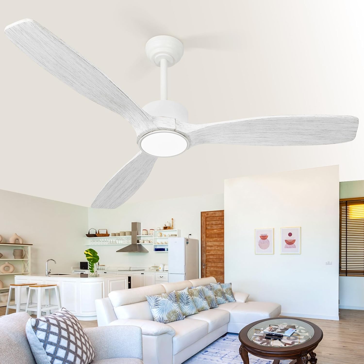 52 inch Indoor Outdoor Ceiling Fan with Light and Remote,Grey Wood Blades,Quiet Reversible DC Motor,Light Memory,6 Wind Speed for Bedroom/Patios/Living Room Dark gray(Solid wood 52In)