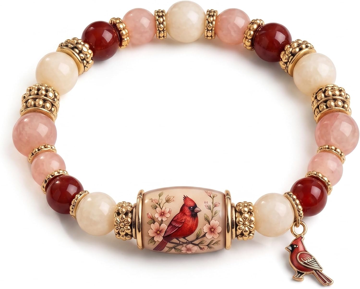 Cardinal Remembrance Beaded Bracelet in Gift Box, 2026 Memorial Keepsake Jewelry for Women, Red Pink Gold-Tone Bird Charm Sympathy Gift image 2