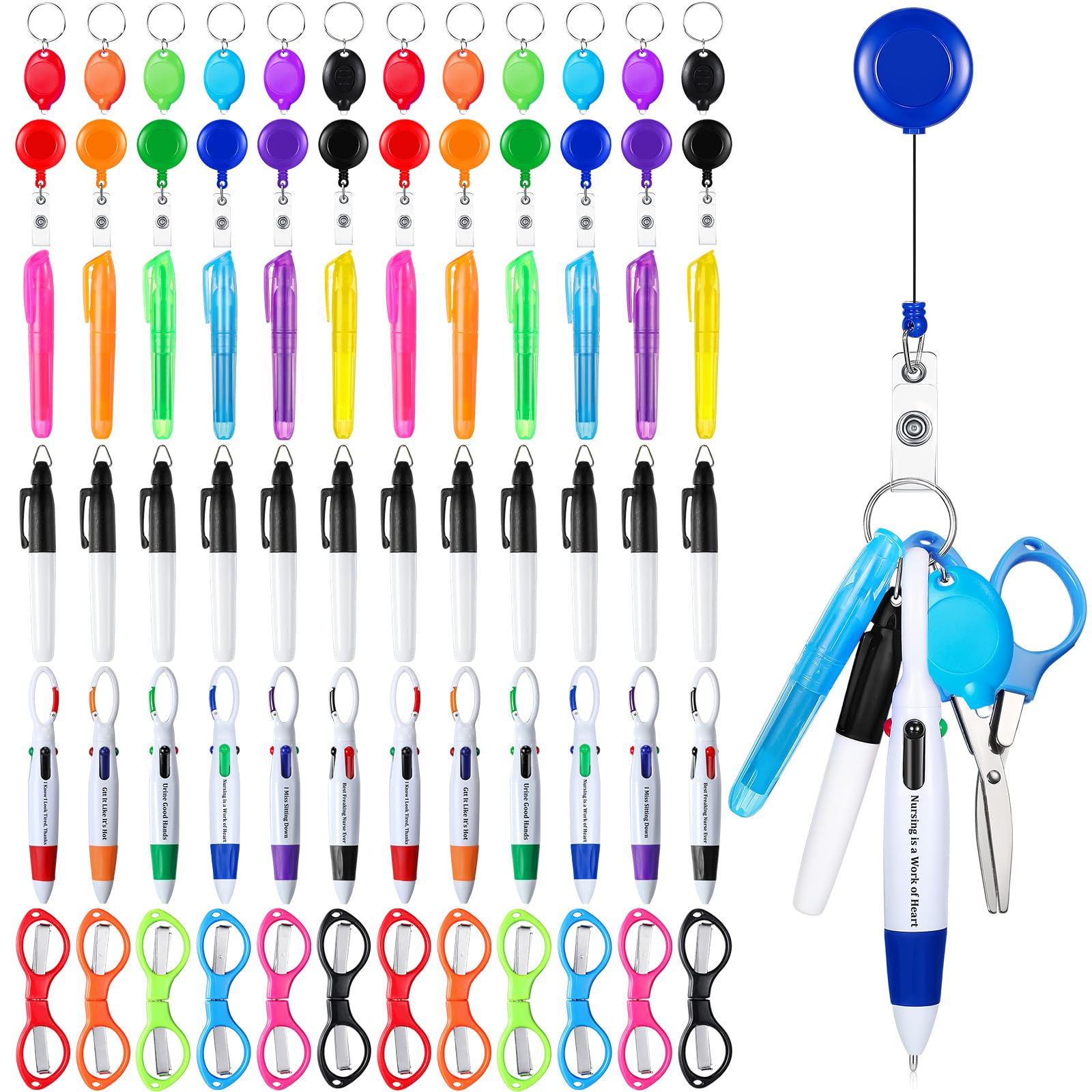 Glenmal Mini-Textmarker, Krankenschwesterstifte, Set mit Mini-Schere, Textmarker, einziehbarer Neon, Krankenschwesterstift, LED-Schlüsselanhänger, Clip, Taschenlampe, Schlüsselanhänger für