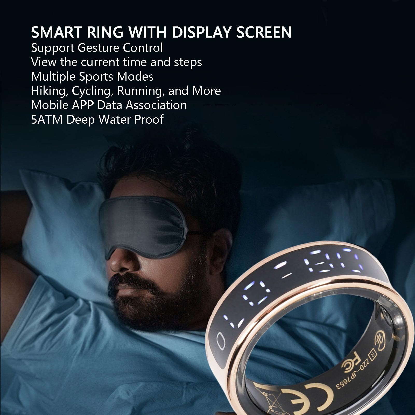 Bewinner Smart Ring Fitness Tracker con Pantalla Digital, Contador de Pasos de Control de Gestos de Conexión de para Caminar con Ciclismo de Natación, (ID 19.9 mm / 0.78in)