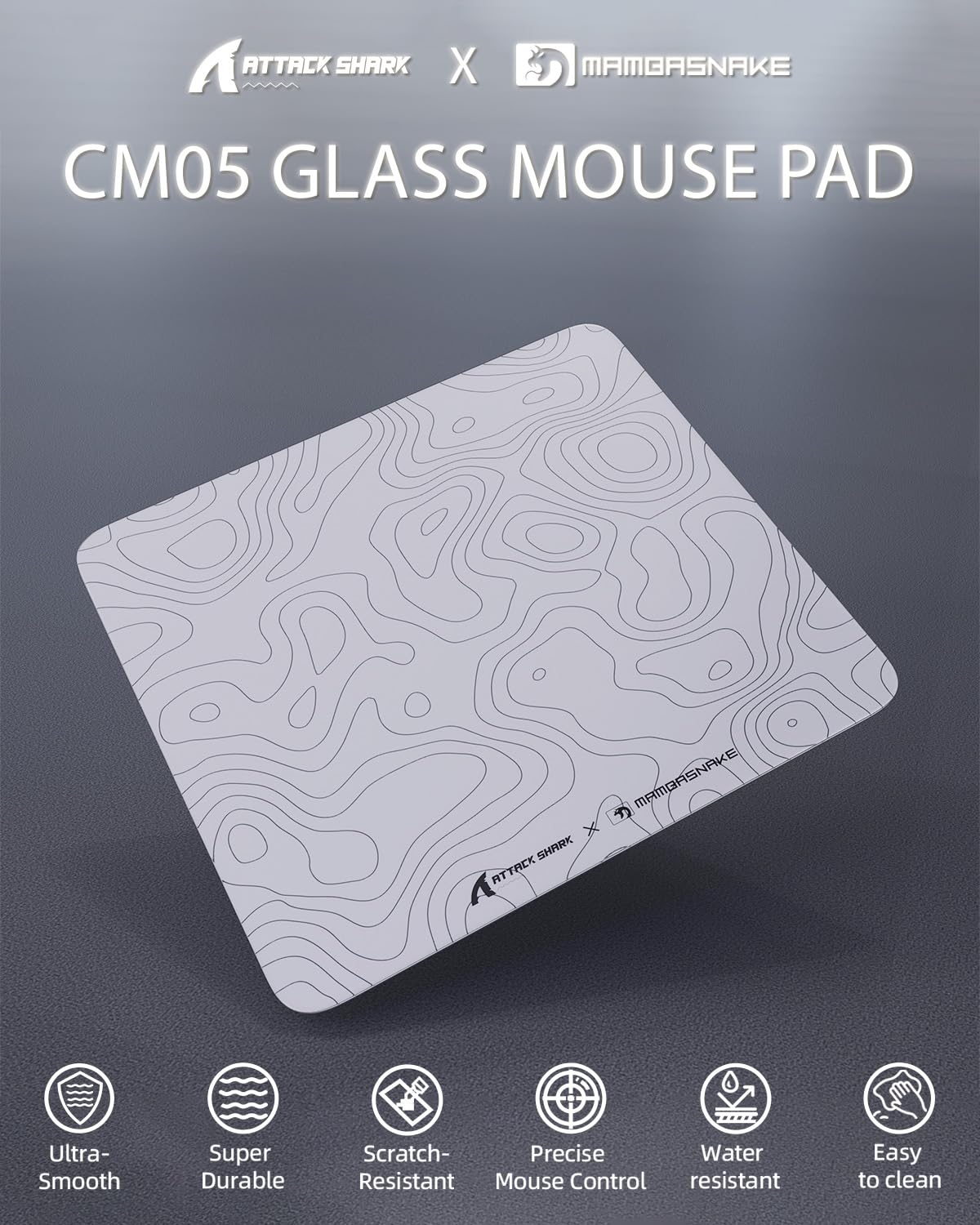 MAMBASNAKE x ATTACK SHARK CM05 Contour Glass Hard Gaming Mousepad,Nano-Micro-Etched Texture,Smooth Glass Surface,High Accuracy,Fast-Moving,Anti-Scratch, PU Leather Non-Slip Base, Large Size(450×400mm)