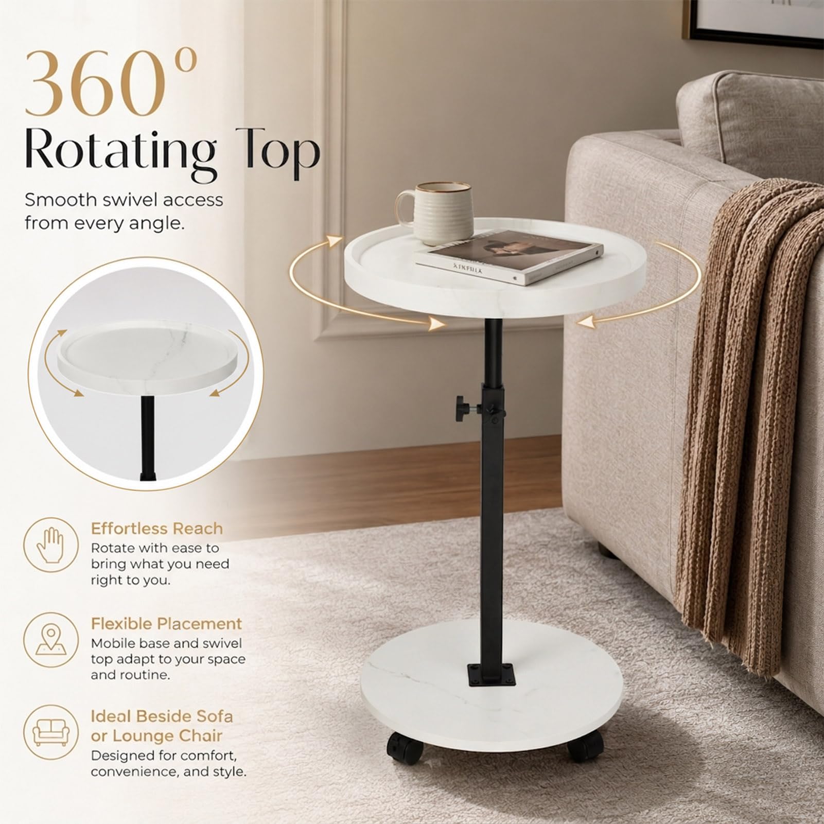 Tavolino da Divano Laterale Rotondo con Ruote, Regolabile in Altezza 45–80 cm, Girevole 360°, in Legno Finitura Noce, Tavolino Salvaspazio per Soggiorno e Camera da Letto, Ideale per Laptop