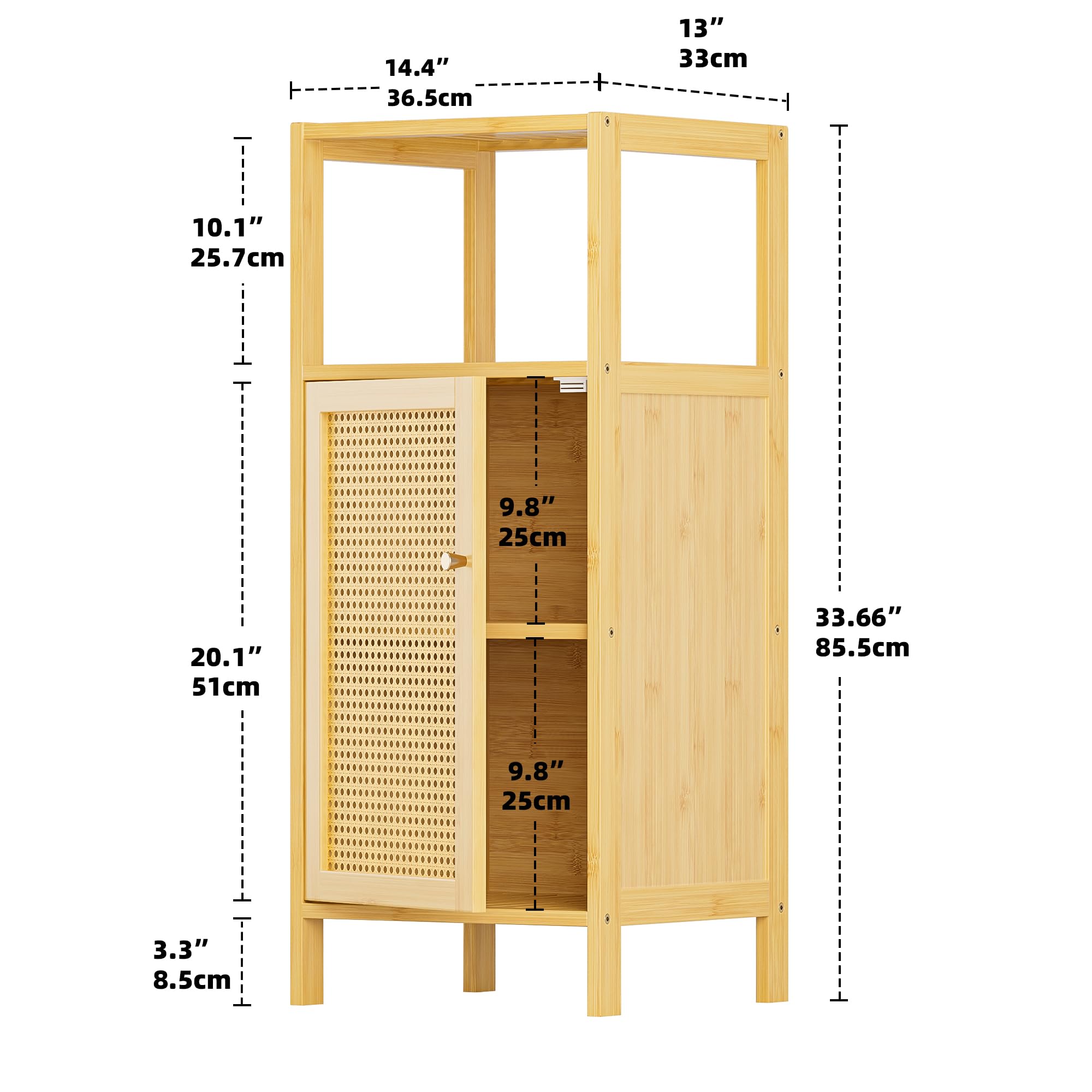 HITNET Mueble Baño Pequeño de Ratán, Armario Auxiliar Baño de Bambú, Gabinete de Almacenamiento Independiente de una Puerta con Estanterías Abiertas, para Sala de Estar, Cocina, Entrada, Natural