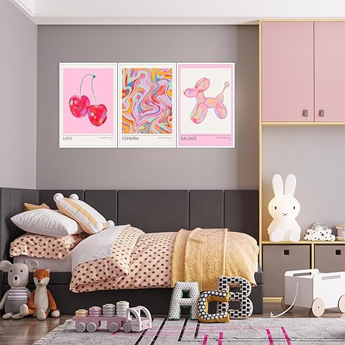 Miniatura 7 de Juego de 3 pósteres de perro con globo, color rosa, diseño retro de cerezo preppy, juego de 3 imágenes de euforia, coloridas impresiones abstractas