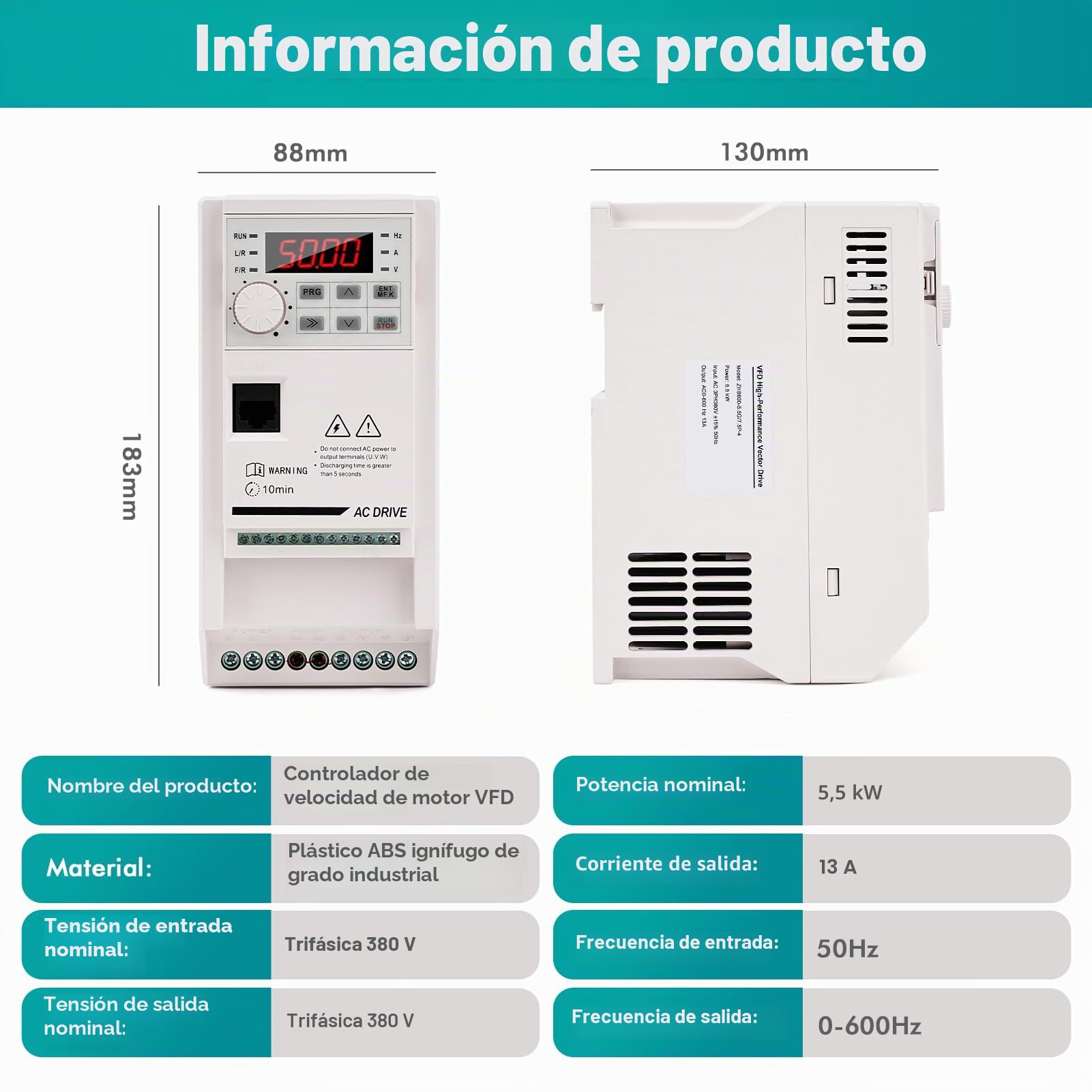 Variador de Frecuencia 380V 5.5KW VFD convertidor de frecuencia trifásico Entrada Salida 380V CNC controlador de velocidad del motor ZHB600-5.5KW con cable de extensión 2m