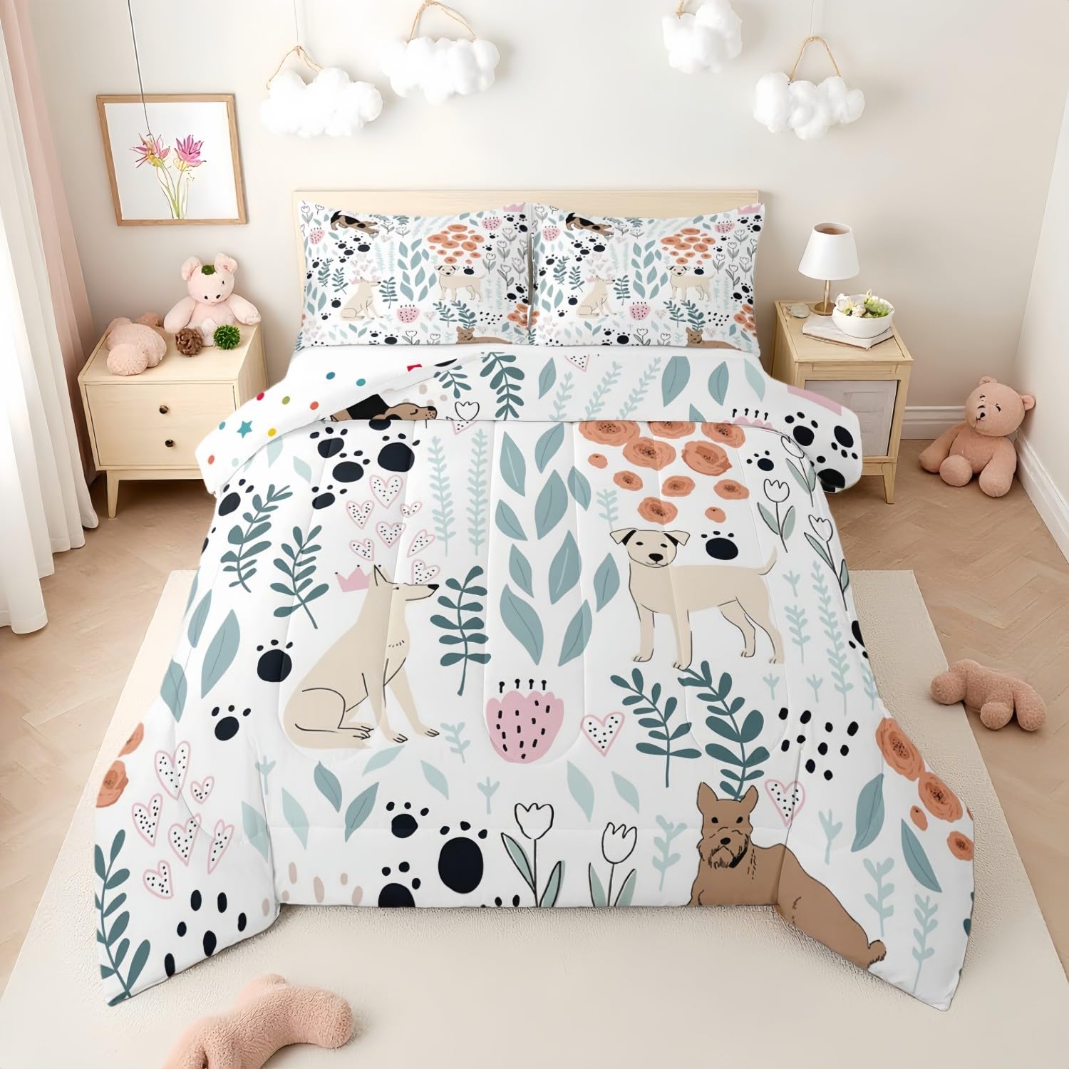 Erosebridal Kawaii Dog Bedding Set,Cartoon Puppy Dog Comforter Set Twin,Cute Love Heart Leaf Flower Comforter Set for Kids Girls Boys,Paw Print Pet
