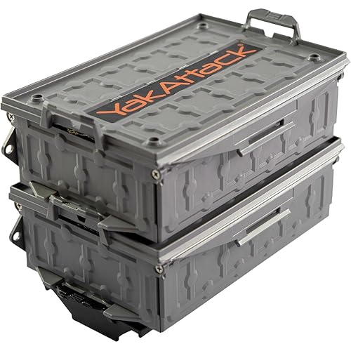 YakAttack TracPak Battleship Gray Combo Kit – 2 Stackable Kayak Storage Boxes with Quick Release Track Mount Base | Kayak Crate System for Fishing Gear & Tackle Accessories | Compact Kayaking Storage