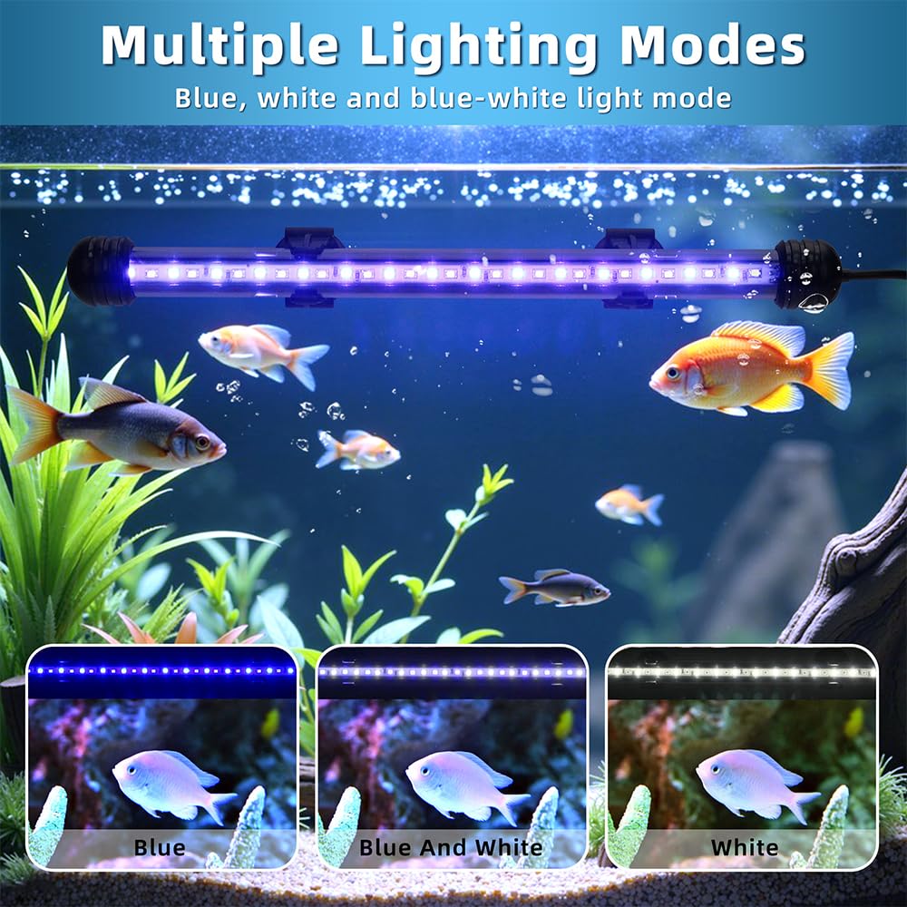 LED Submersible Aquarium Light 4W Underwater Fish Tank Light with Blue White&Blue and White Three Light Modes Timer Automatic On/Off and Dimmer Brightness Adjustable (7.5inch)