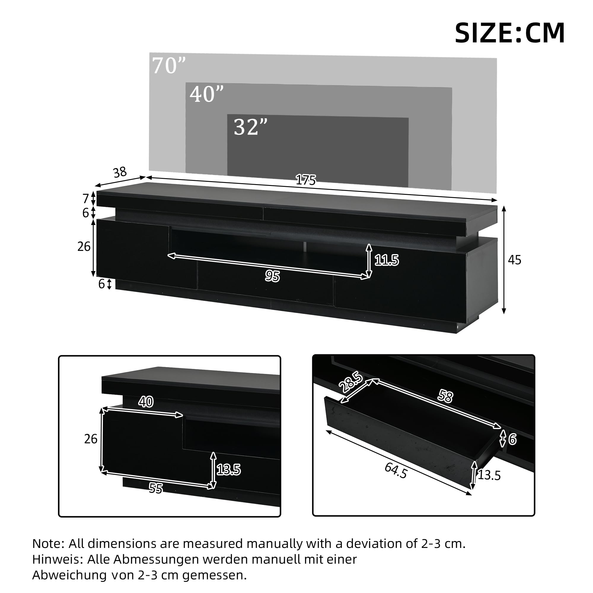 TV Schrank Lowboard mit LED 175 cm (Schwarz)