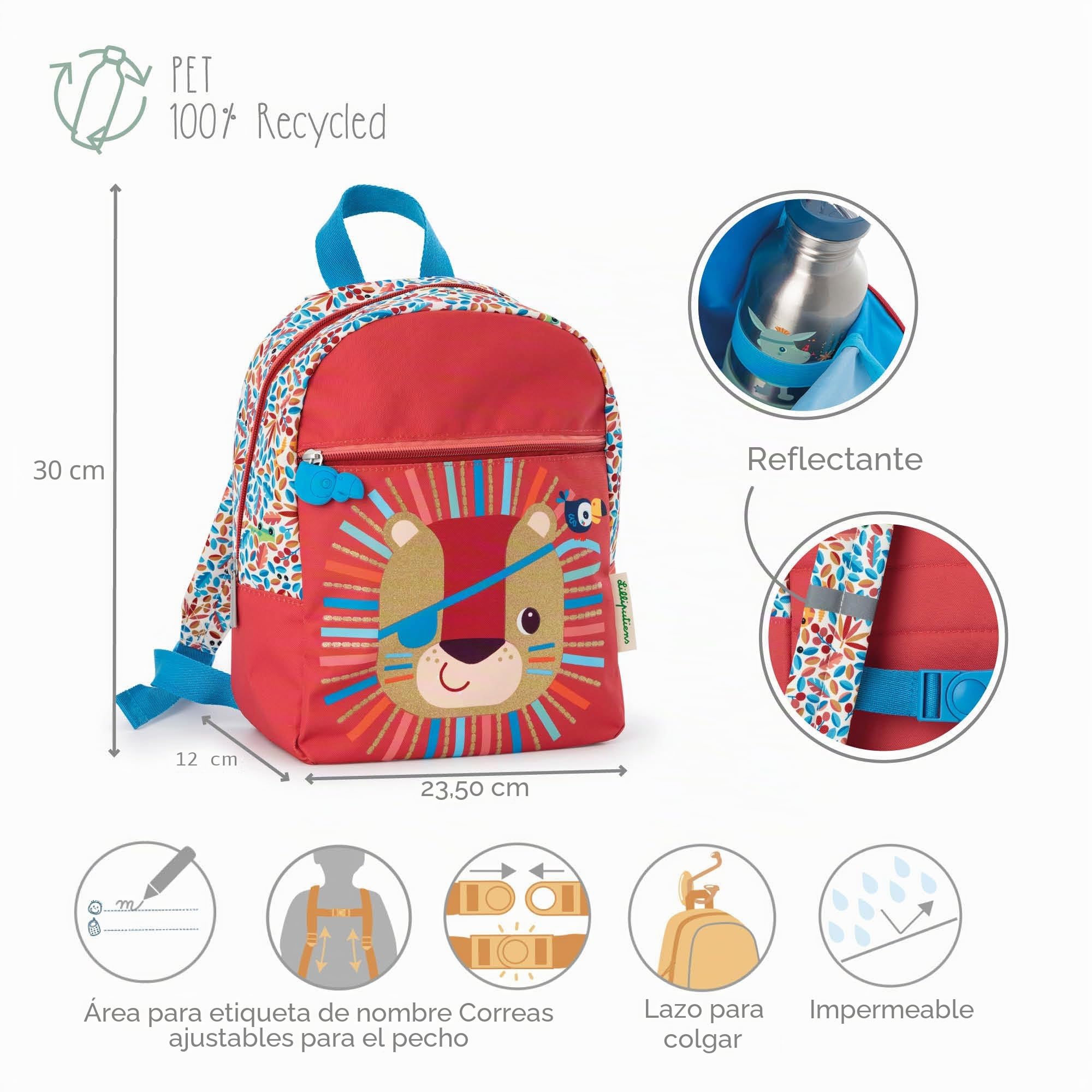 Lilliputiens - Mochila reciclada PET Jack el león - Mochila para niños con bolsillo grande, correas ajustables y cinturón - Resistente al agua, ideal para la escuela y salidas - Desde 2 años - 84478