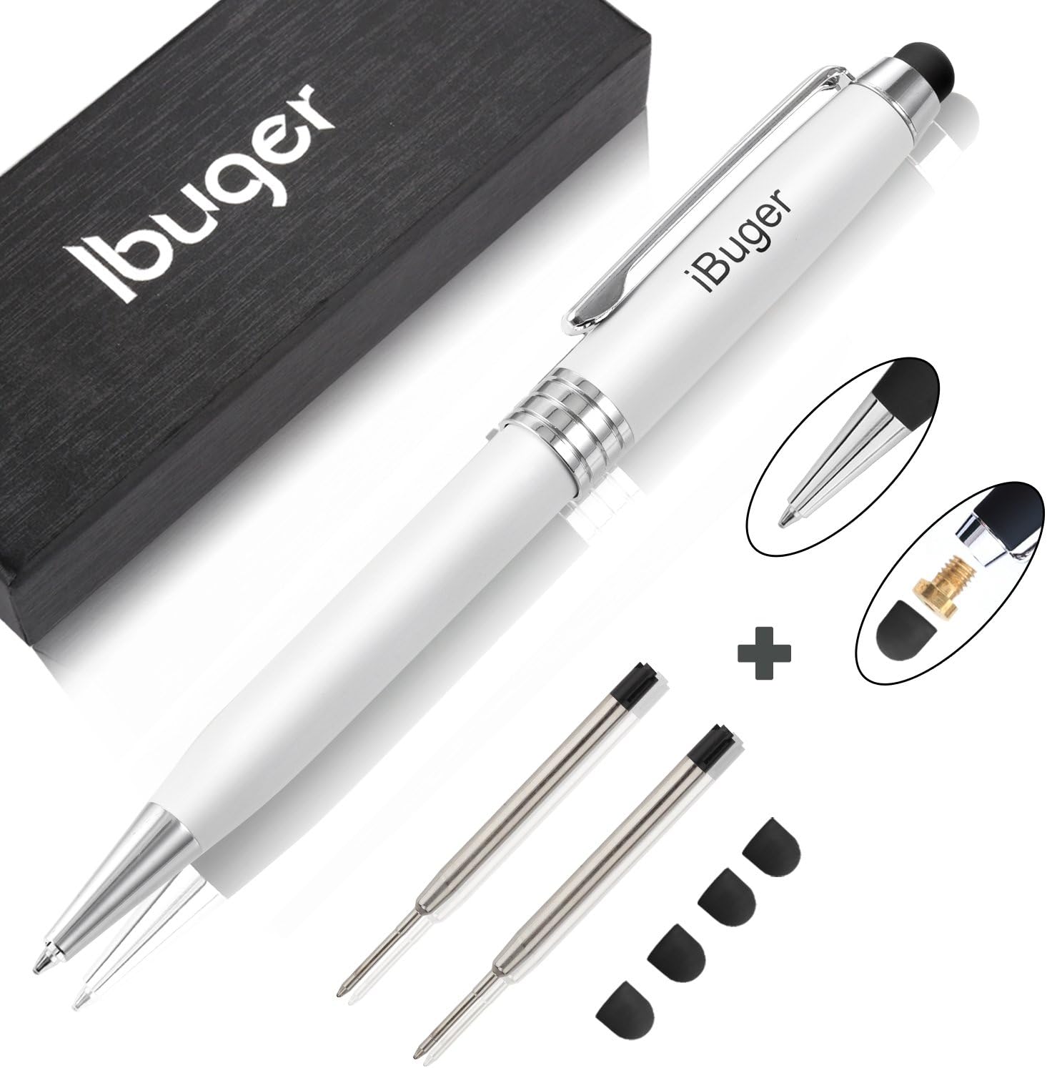 iBuger 2 in 1 Stylus and Ballpoint Pen for Capacitive Touch Screen Tablet iPhone 4S 5 5S 5C 6 6 6S 7 7S Plus iPad 2 3 4 Pro iPad mini Air Samsung HTC LG,White