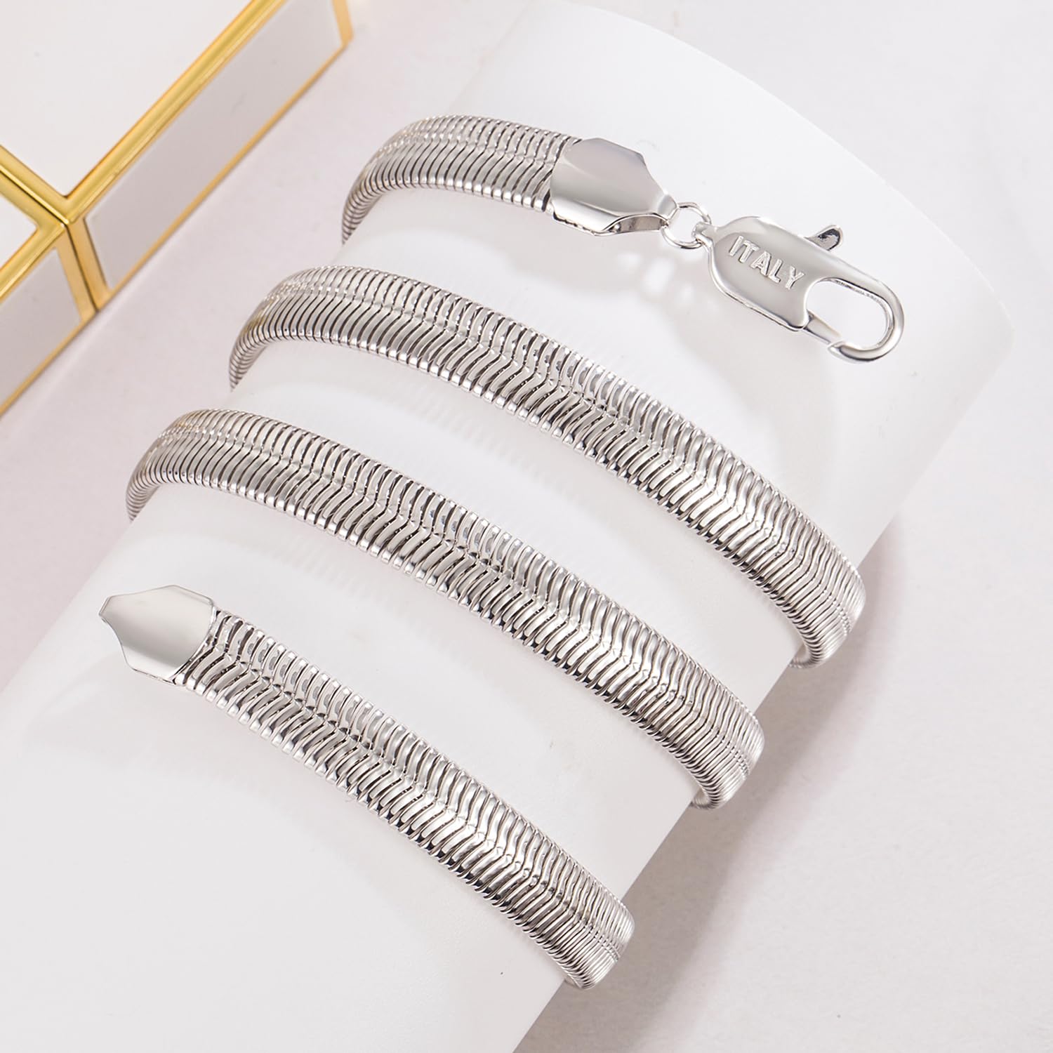 Dankadi Collana a spina di pesce a forma di serpente, larga, 6 mm, 8 mm, in 925, in argento, per uomo e donna, catena piatta a girocollo 41 – 76 cm, maglia serpentina dorata, 16 – 30 pollici, regalo