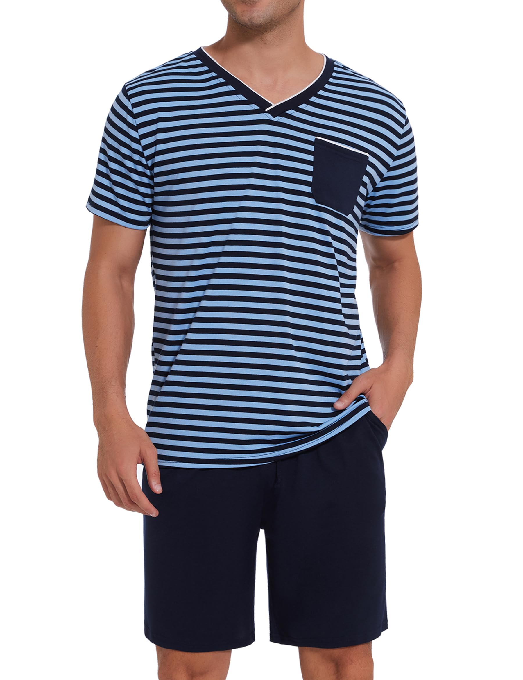 Leversic Schlafanzug Herren Kurz aus Baumwolle mit Kontraststreifen Design, Sommer Pyjama Set Oberteile und Kurze Hosen, Vater und Partner, 206-Himmelblau, L