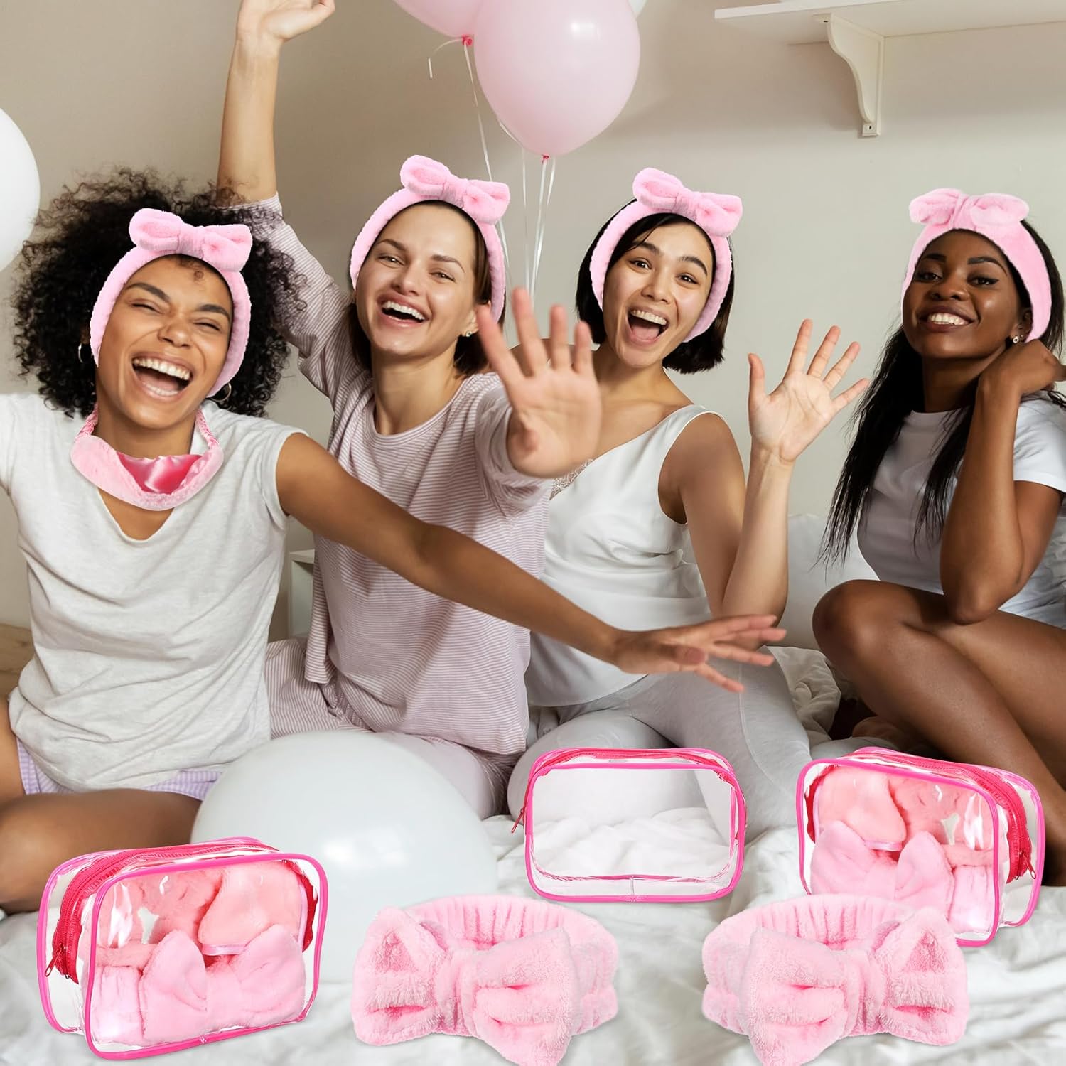 Hoteam 36 Pcs Sleepover Party Supplies 12 Spa Headband 12 Plush Sleep Eye Mask 12 Clear Cosmetic Bags Makeup Headband for Washing for Adult Spa Party Favor Graduation Beauty Gift(Pink)