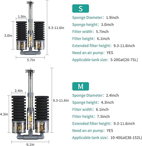 Miniatura 8 de Filtro de acuario, filtro de tanque de peces de doble esponja alimentado por aire con filtración ultra silenciosa de múltiples etapas, salida de