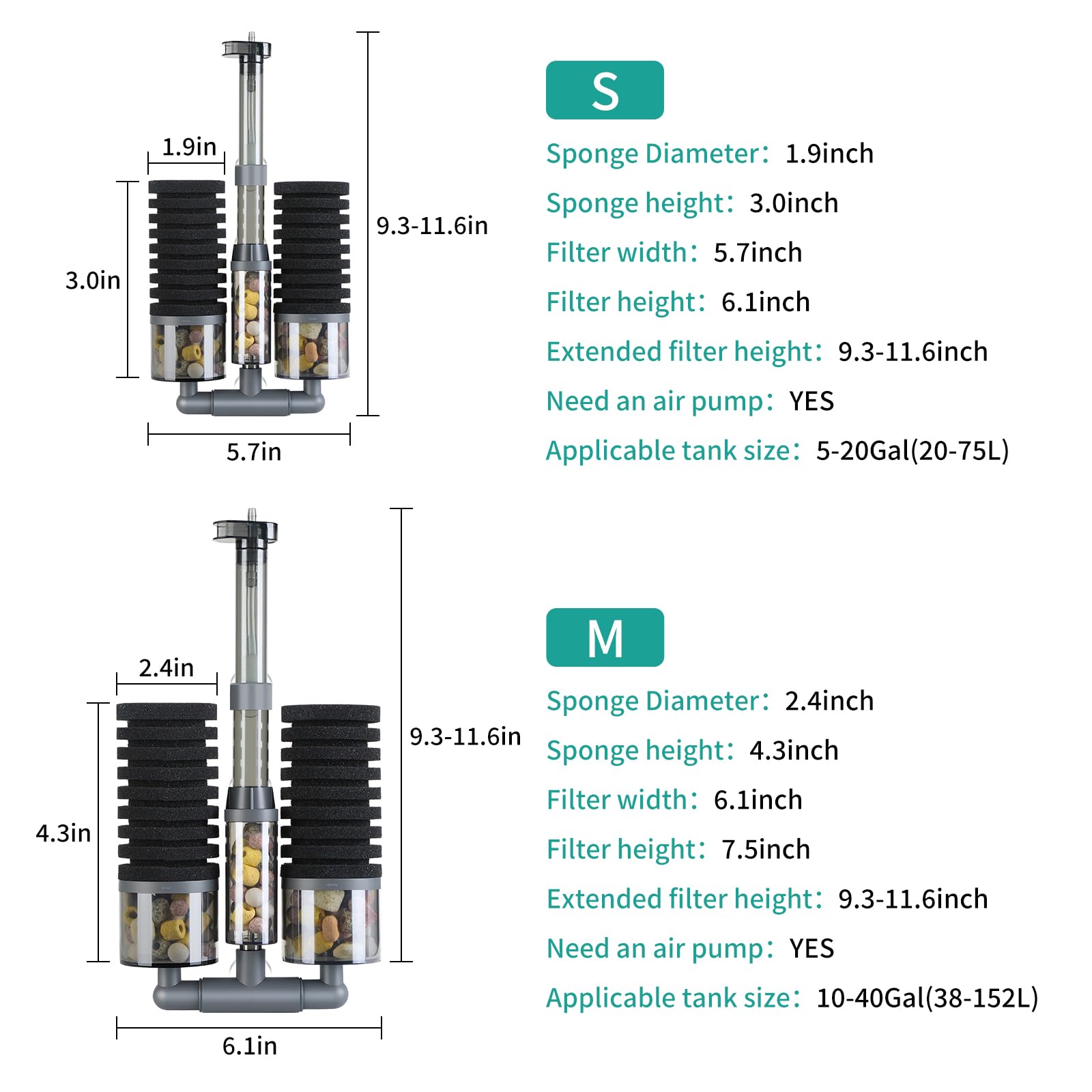 Filtro de acuario, filtro de tanque de peces de doble esponja alimentado por aire con filtración ultra silenciosa de varias etapas, salida de agua ajustable de 360°, oxígeno disuelto en piedra de