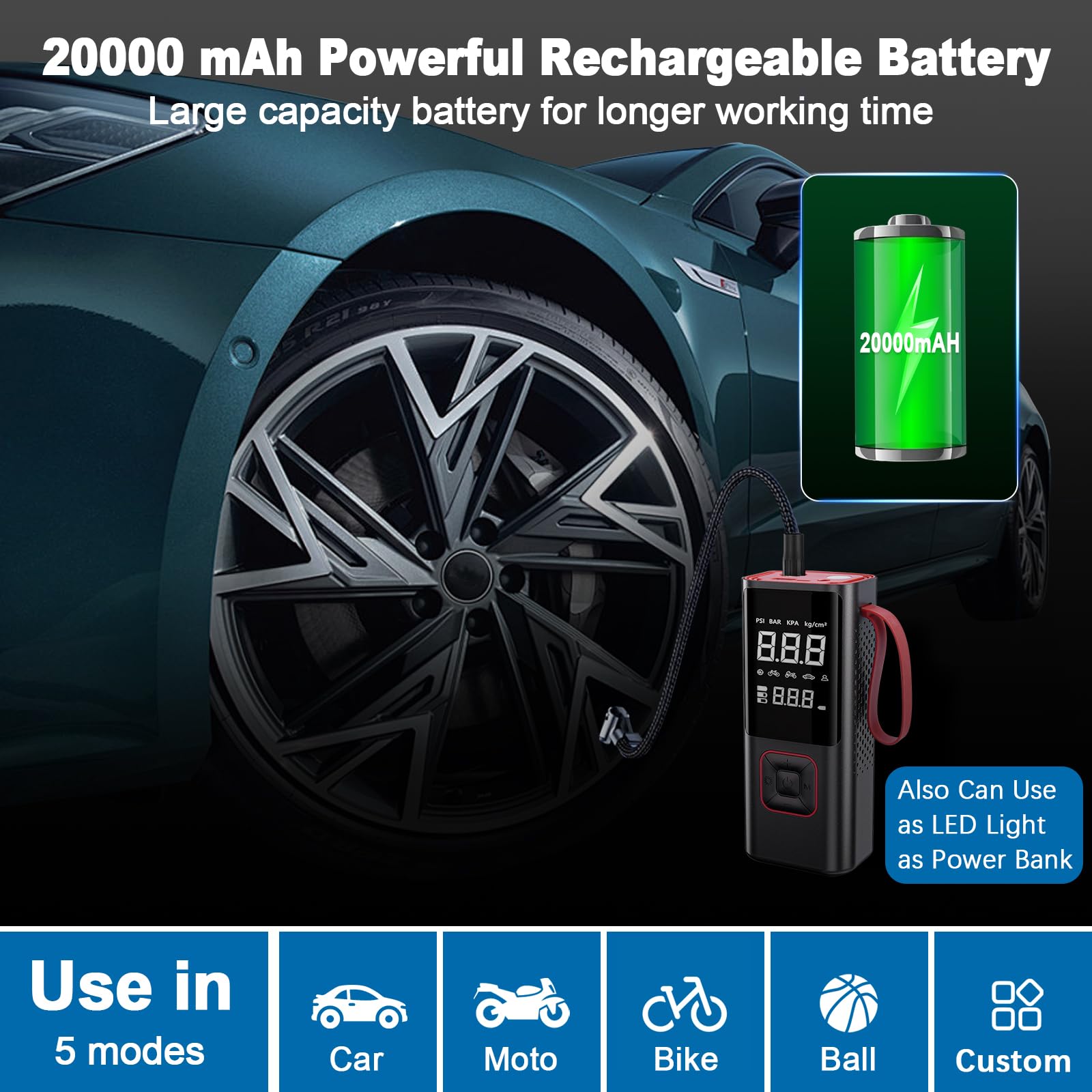 Compresseur à Air Portatif 4000 mAh, 150 PSI Mini Pompe a Velo Electrique avec Affichage Numérique pour Voiture Motos, Vélos, Balles - Auto