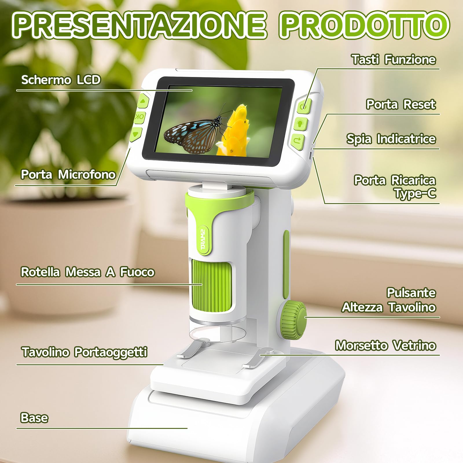 Charmofun Microscopio Bambini, Microscopio Digitale con Scheda di Memoria da 64GB, Microscopios Portatile Bambini con Schermo LCD 4", Ingrandimento 1600X, Foto e Video, Funzione Portatile e Fissa