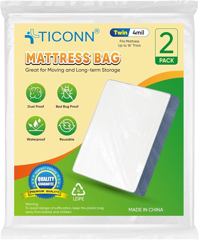 TICONN 2PK Plastic Mattress Bag for Moving Storage, Waterproof Mattress Protector Cover, Heavy-Duty Mattress Moving Supplies (4 mil, Twin) | 3D Gusset Design, Tear Resistant & Dust Protection, Multiple Sizes /Thickness Options, Reusable Mattress Protector