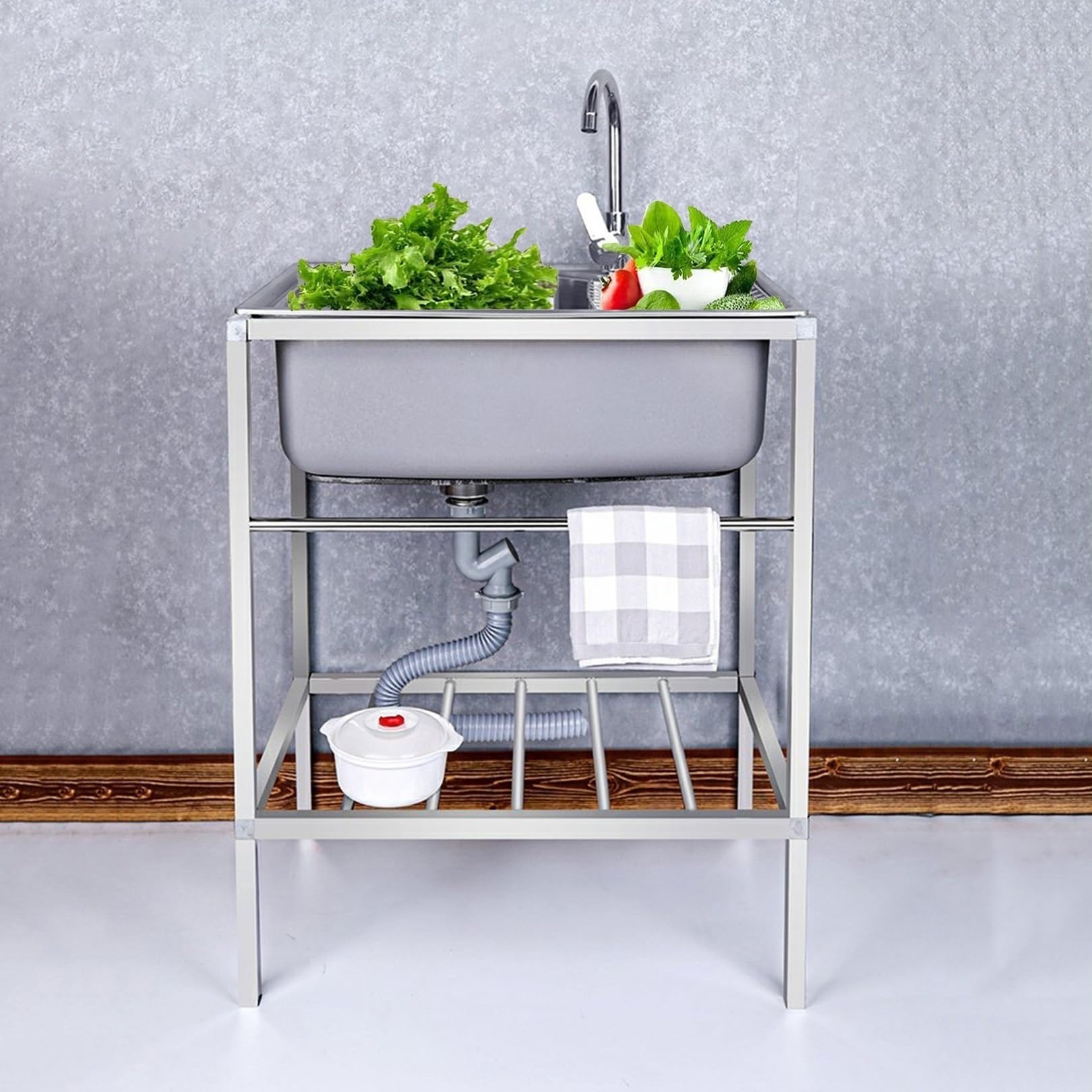 Outdoor Utility Sink for Washing, 304 Stainless Steel Laundry Sinks W/Faucet & Drainboard, Free Standing Outdoor Sink Station,for Commercial Kitchen/Backyard/Garage, 1 Compartment(58 * 43cm)