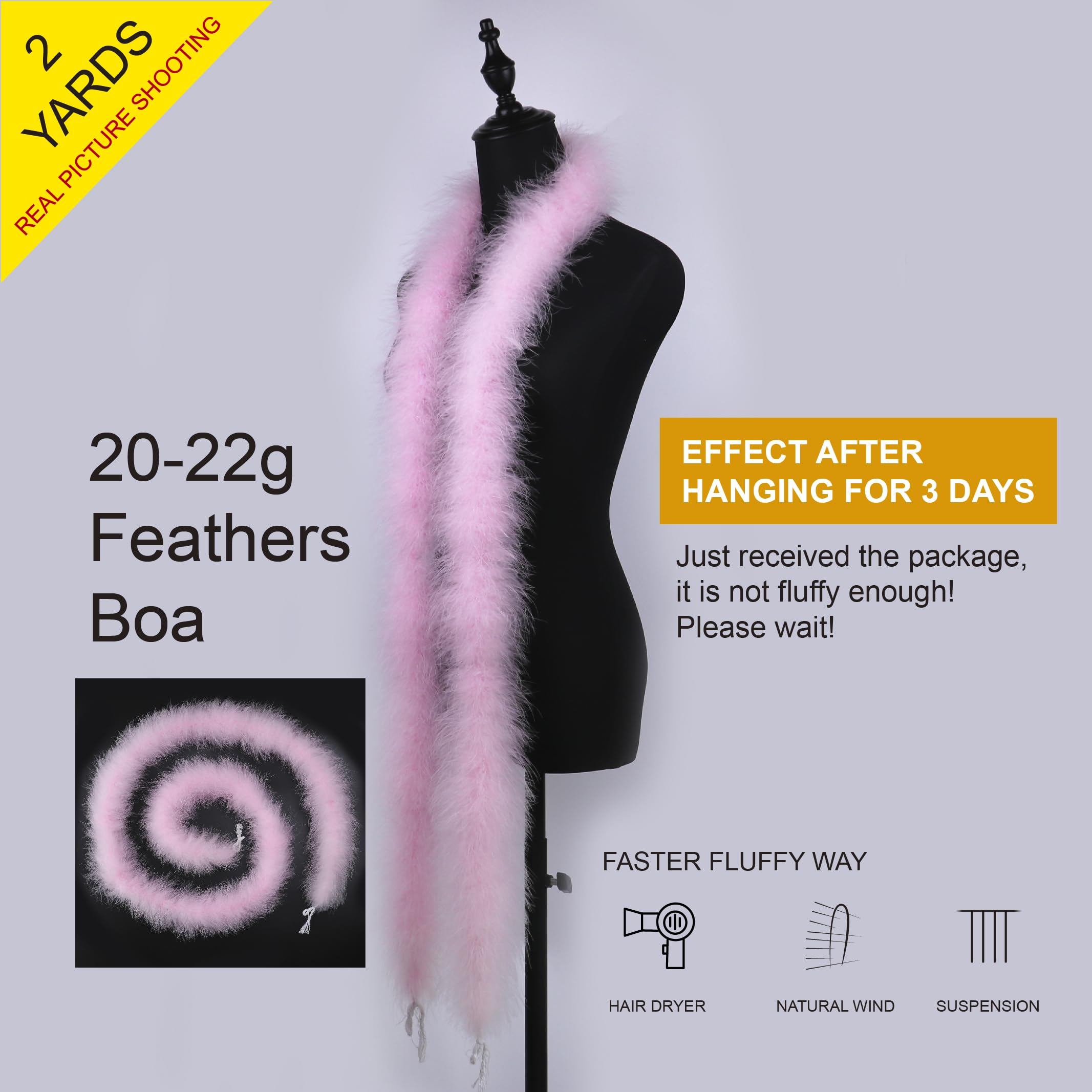 2 Yards 22G Fluffy Marabou Light pink Feather Boa for DIY Craft Sewing Trim Home Wedding Party Christmas Decoration - Image 2