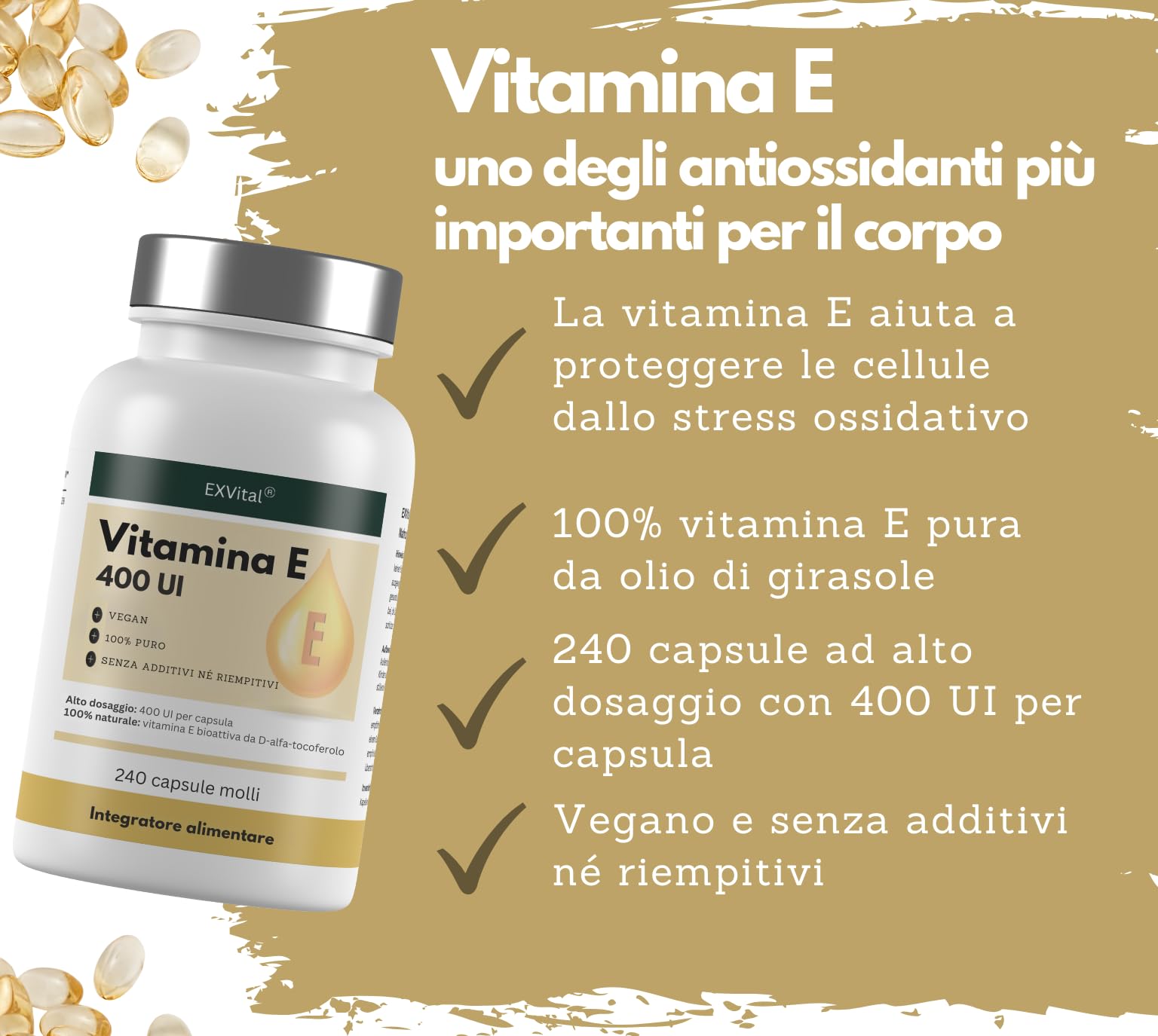 EXVital Vitamina E 400 UI, 240 capsule vegane in softgel, con D-alfa-tocoferolo, vitamina E da girasole, ad alto dosaggio e testata in laboratorio