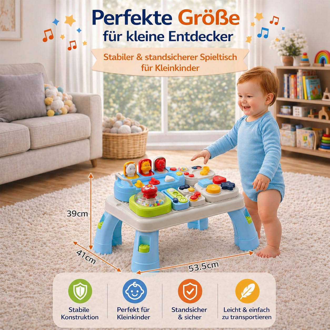 AMAYO - Baby Aktivitätstisch Montessori ab 9-36 Monate – Interaktiver Babys Entdeckertisch Spieltisch mit Motorikspielzeug, Musik & Lernspielen – Lernspielzeug oder Geschenk für Babys & Kleinkinder